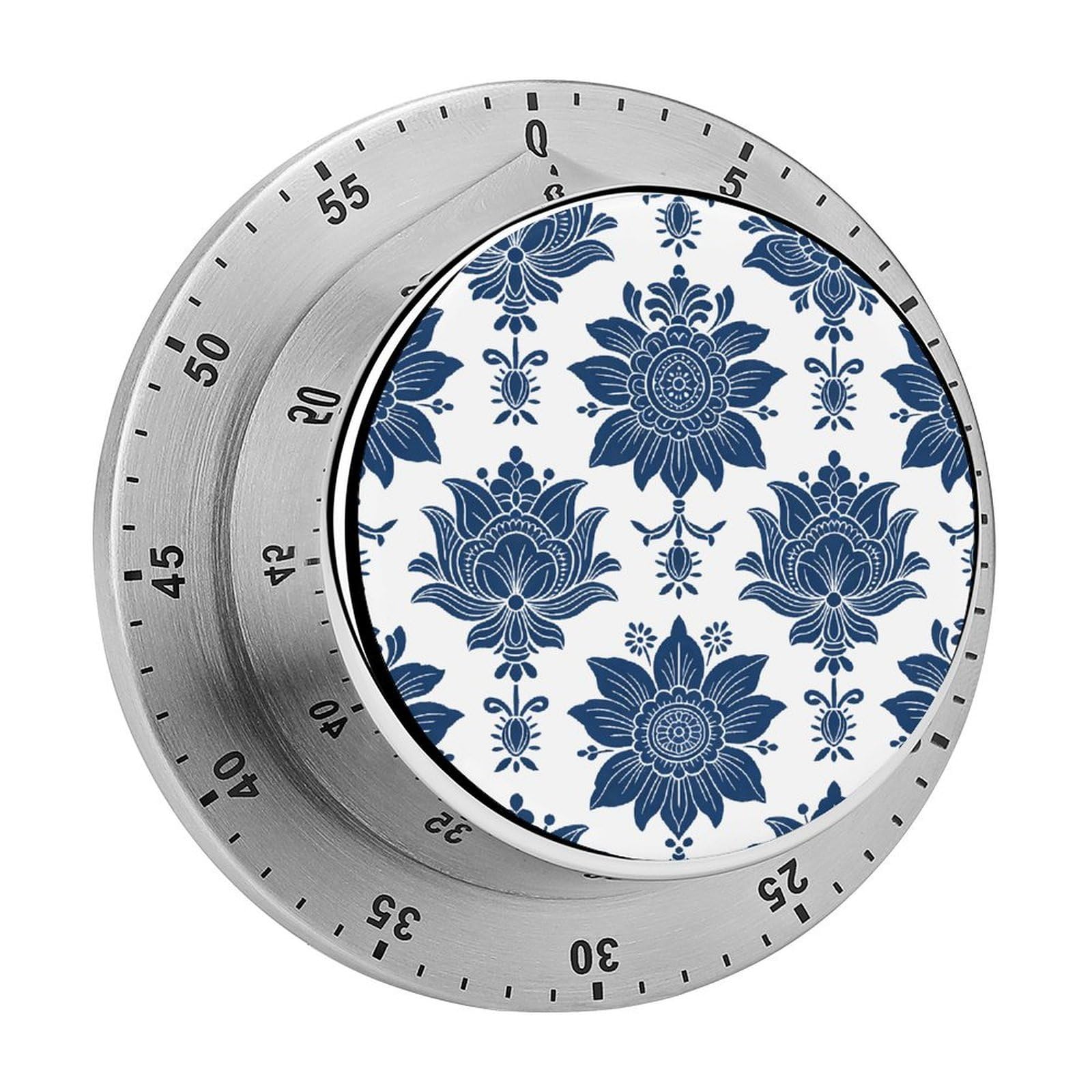 Navy Ethnic Floral Mechanical Kitchen Timer, Magnetic Stainless Steel Countdown Timer, Loud Alarm Cooking Timer for Baking, Cooking, Fitness, Classroom, No Battery Needed