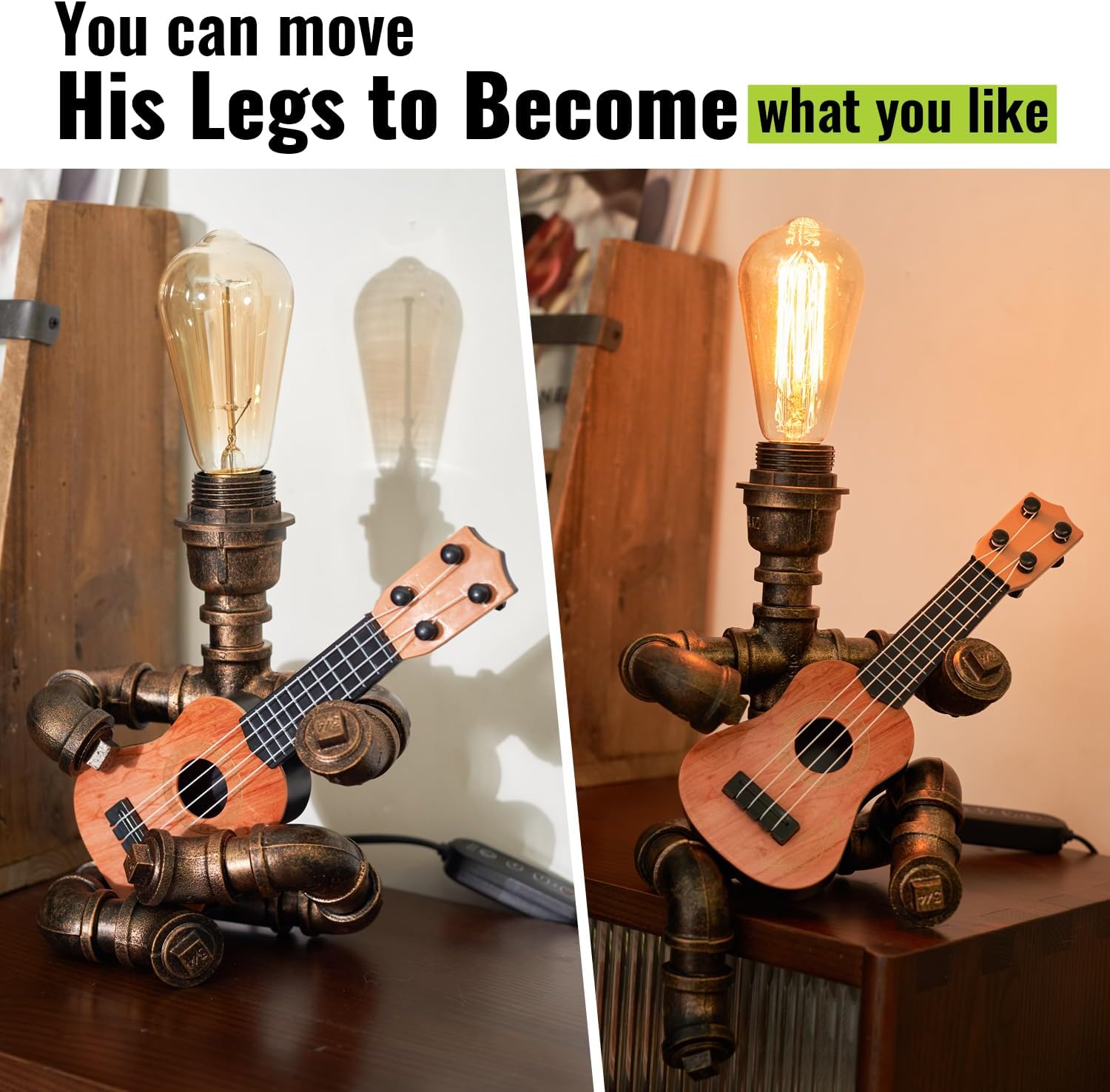 Vintage Industrial Robot Guitar Table Lamp with Bulb - Remote Control,Timer,Dimmable - Cool Gifts for Music Lovers,Men,& Musicians - Steampunk & Retro Style Bronze