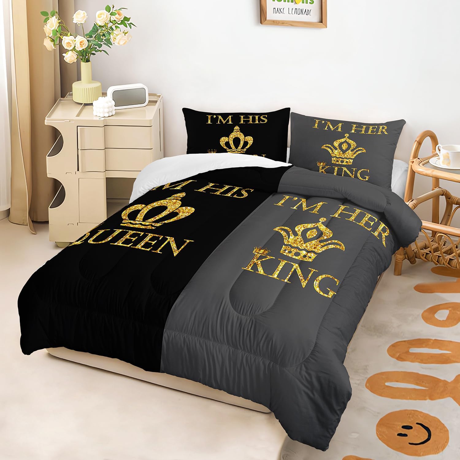 AILONEN King and Queen Comforter Set,Black and Gray Crownc Bedding Set for Couples Queen Size,Romantic Theme Duvet Set,1 Quilt + 2 Pillow Case,3 Pieces,Soft Microfiber - Image 2