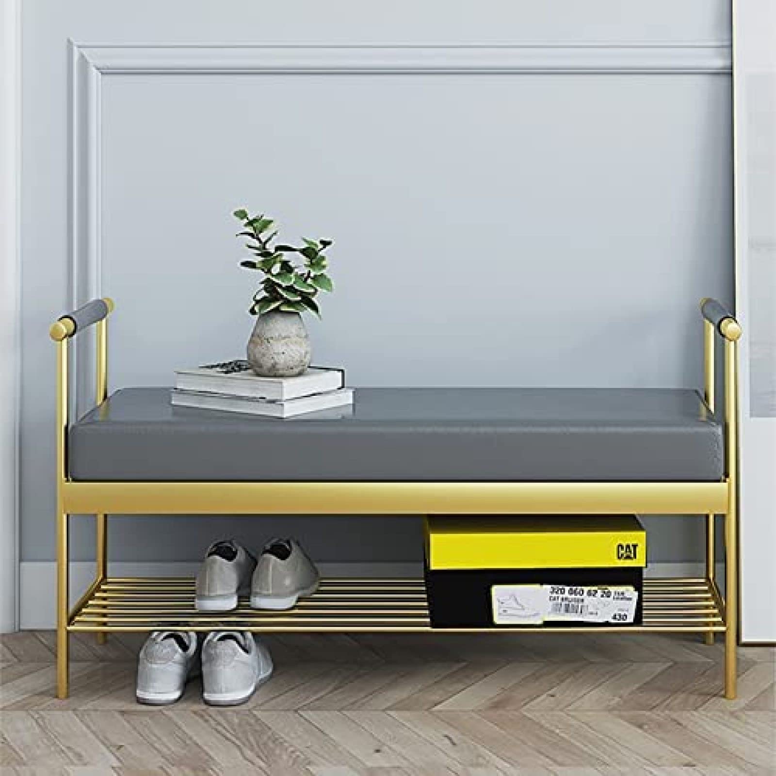 Banc à chaussures gris anti-encombrement avec assise confort et velours