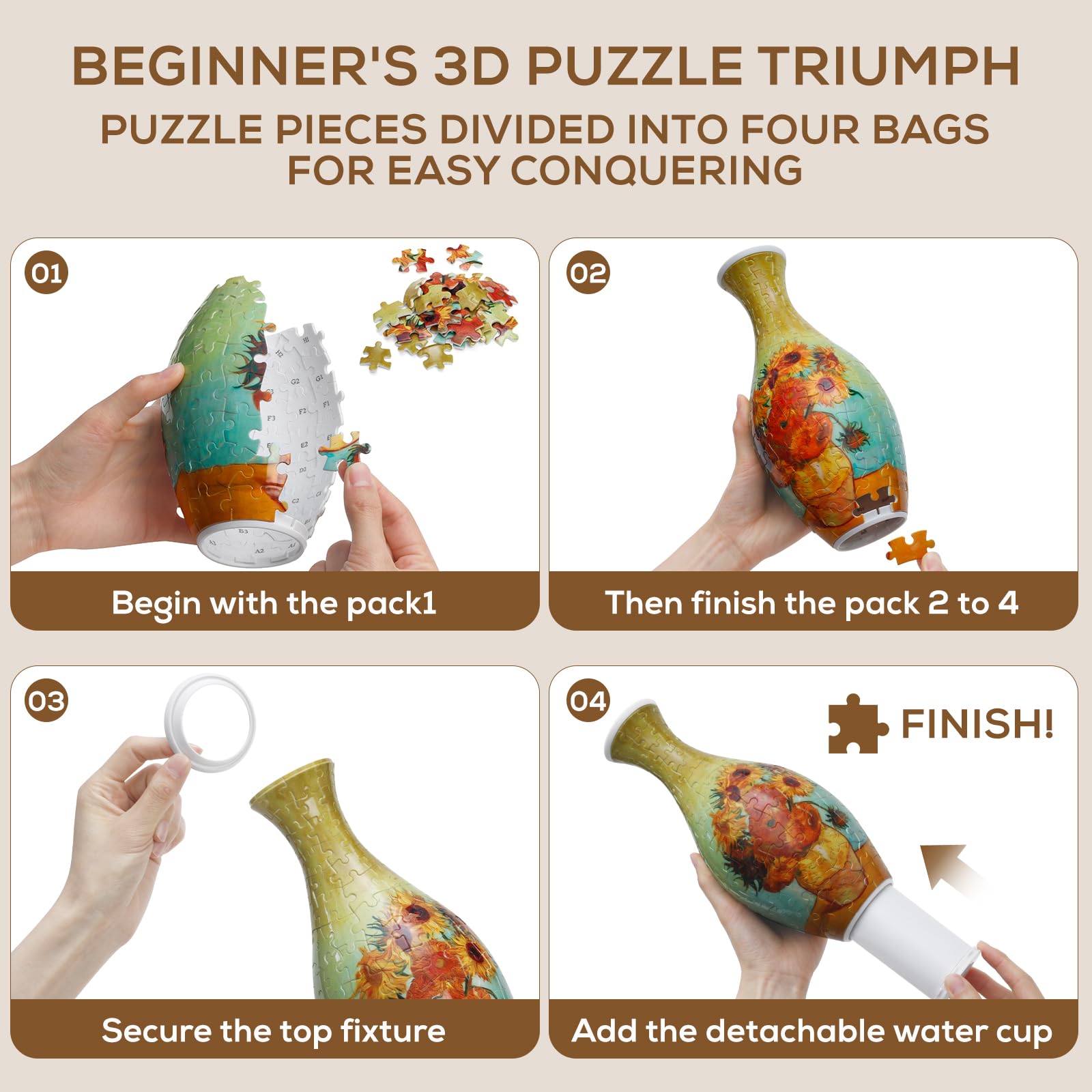 Puzzle 3D pour Adultes - Vase Coloré - 160 Pièces - Kit de Bricolage - Jeu de Puzzle Relaxant - Montage Facile sans Colle - Décoration Moderne - Tournesol - 24 cm de Hauteur - 2