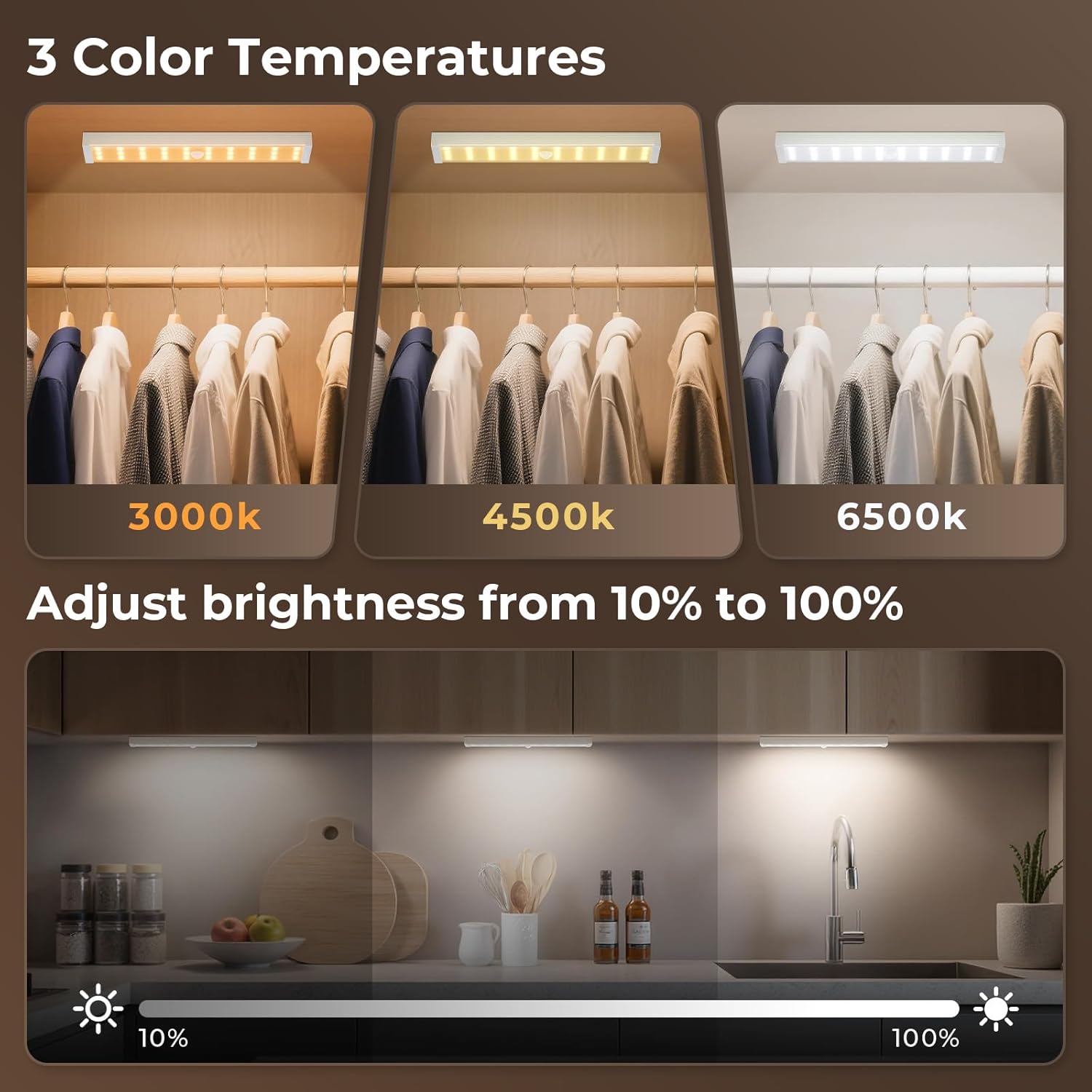 Under Cabinet Lighting, 6Pack Motion Sensor Light Indoor with 3 Color Temps, Dimmable Closet Lights, LED Magnetic Light, Rechargeable Under Counter Lights for Kitchen, Wardrobe, Hallway, Stairs