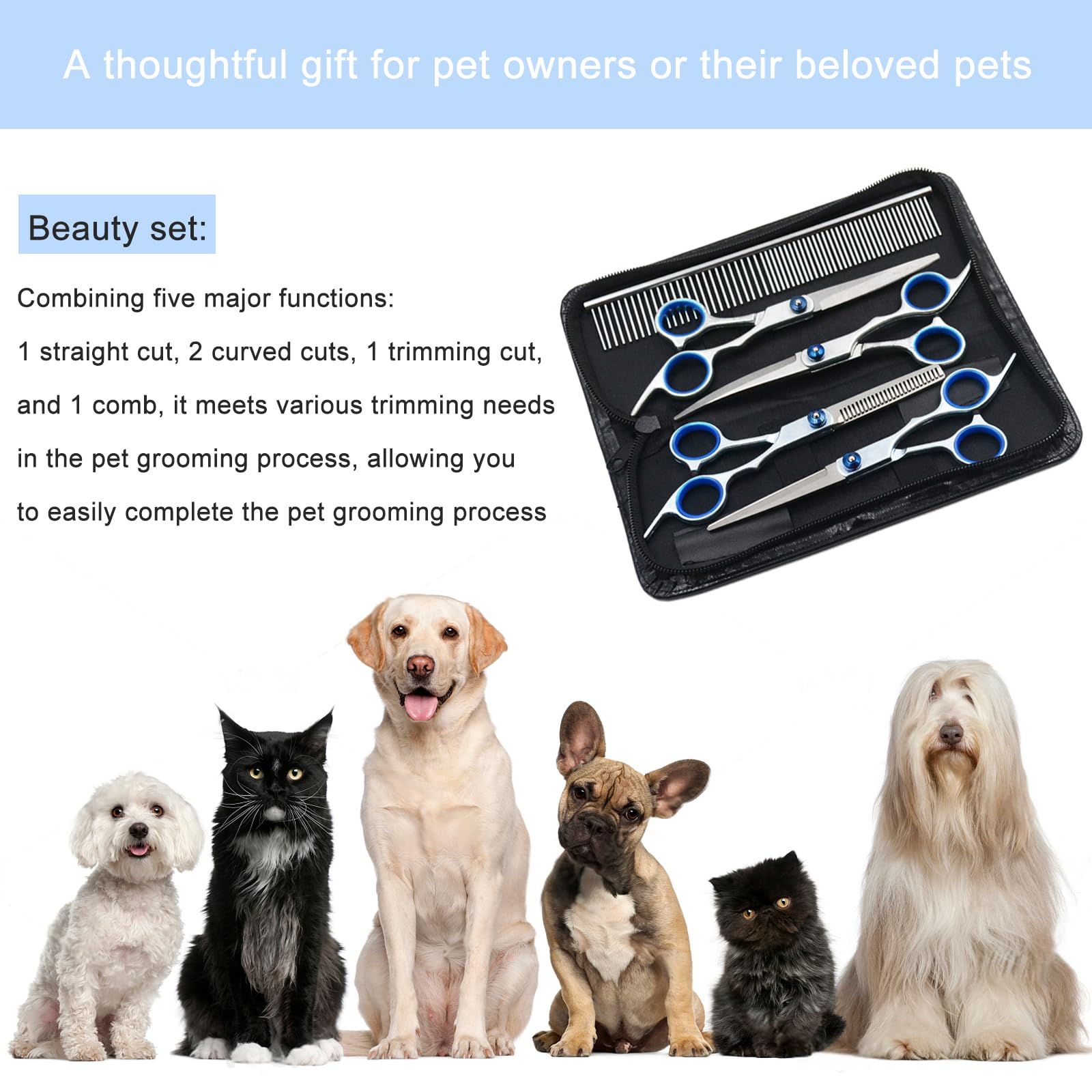 Diompirux 5 En 1 Tijeras Peluqueria Canina Para Perros, con 1 tijera para adelgazar, 2 tijeras curvas, 1 tijera recta, 1 peine, Profesional Gato Perro Aseo Tijeras, para perros, gatos
