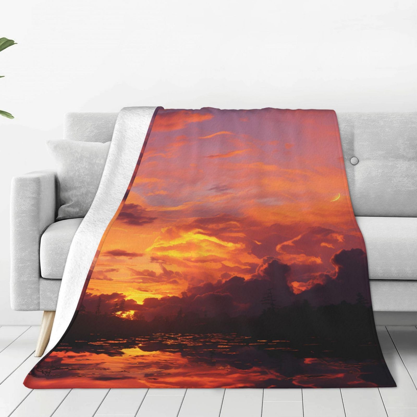 Couverture flanelle haut de gamme au design coucher de soleil crépuscule toutes saisons