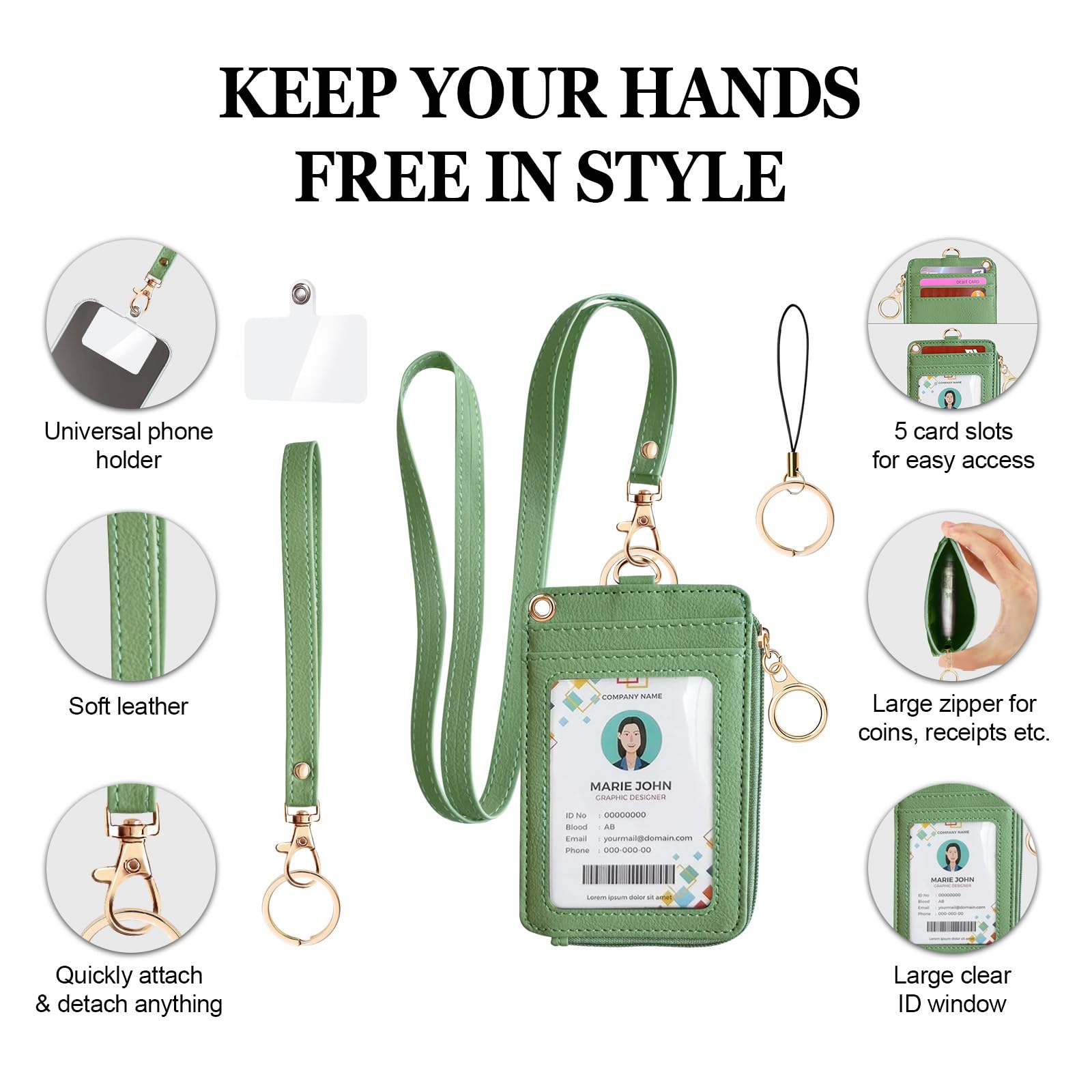 bolimoss 2-in-1 ID Badge Holder & Lanyard Wallet for Women Teacher PU Leather ID Badge Wallet Case with Detachable Wristlet & Neck Lanyard - Image 3