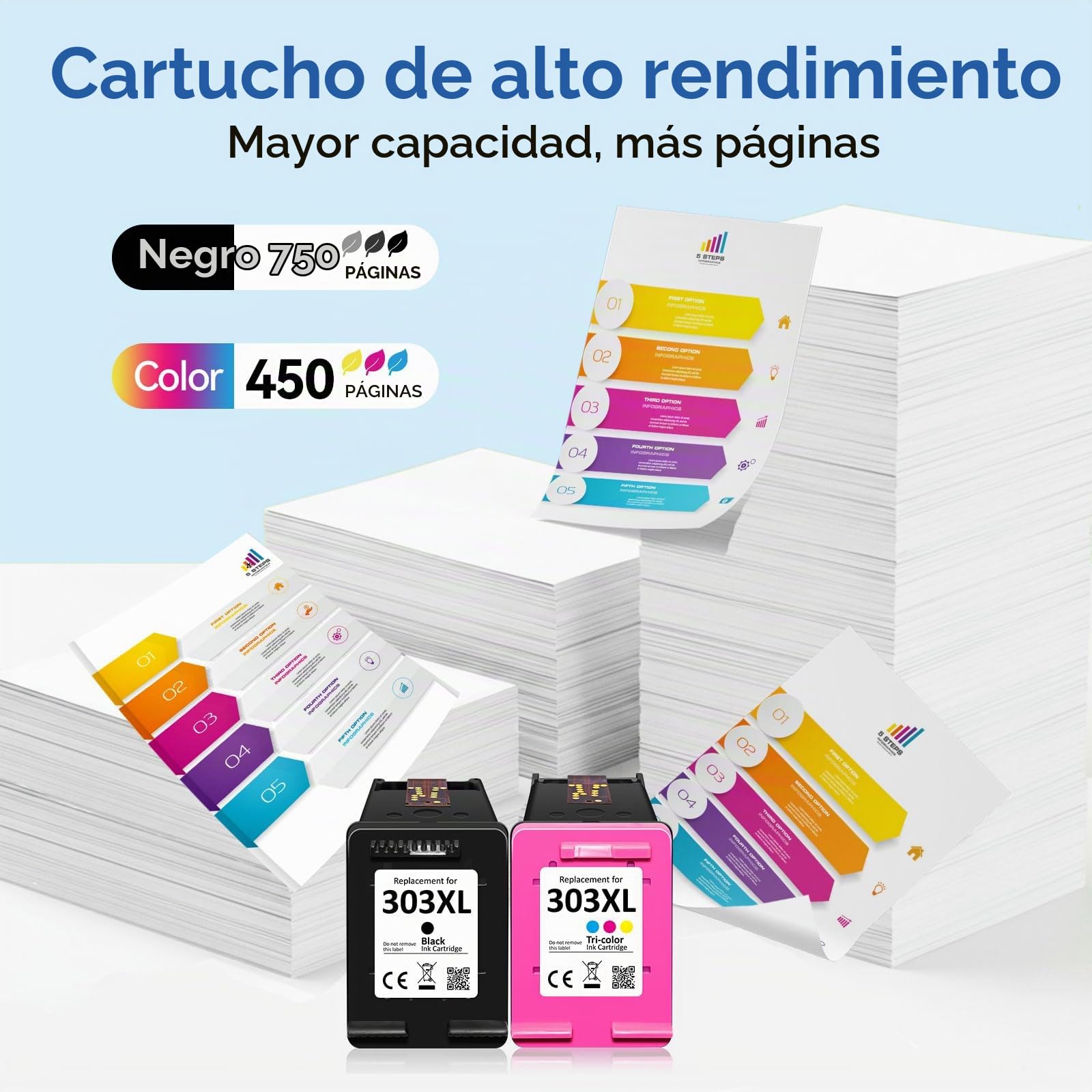 Sunnieink Cartuchos 303XL BK/CMY - 750/450+ Páginas, Reemplazo para Originale Tinta HP 303 Negro & Color, para HP Envy Inspire 7220e 7920e 7924e Envy Photo 6220 6230 6232 7120 7830 7930 Tango X