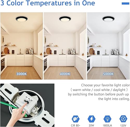 Miniatura 2 de Pelogona Lámpara de techo negra empotrada, regulable de 11 pulgadas y 3CCT seleccionable, lámpara de disco redonda de perfil bajo, 20 W, 1800 lm,