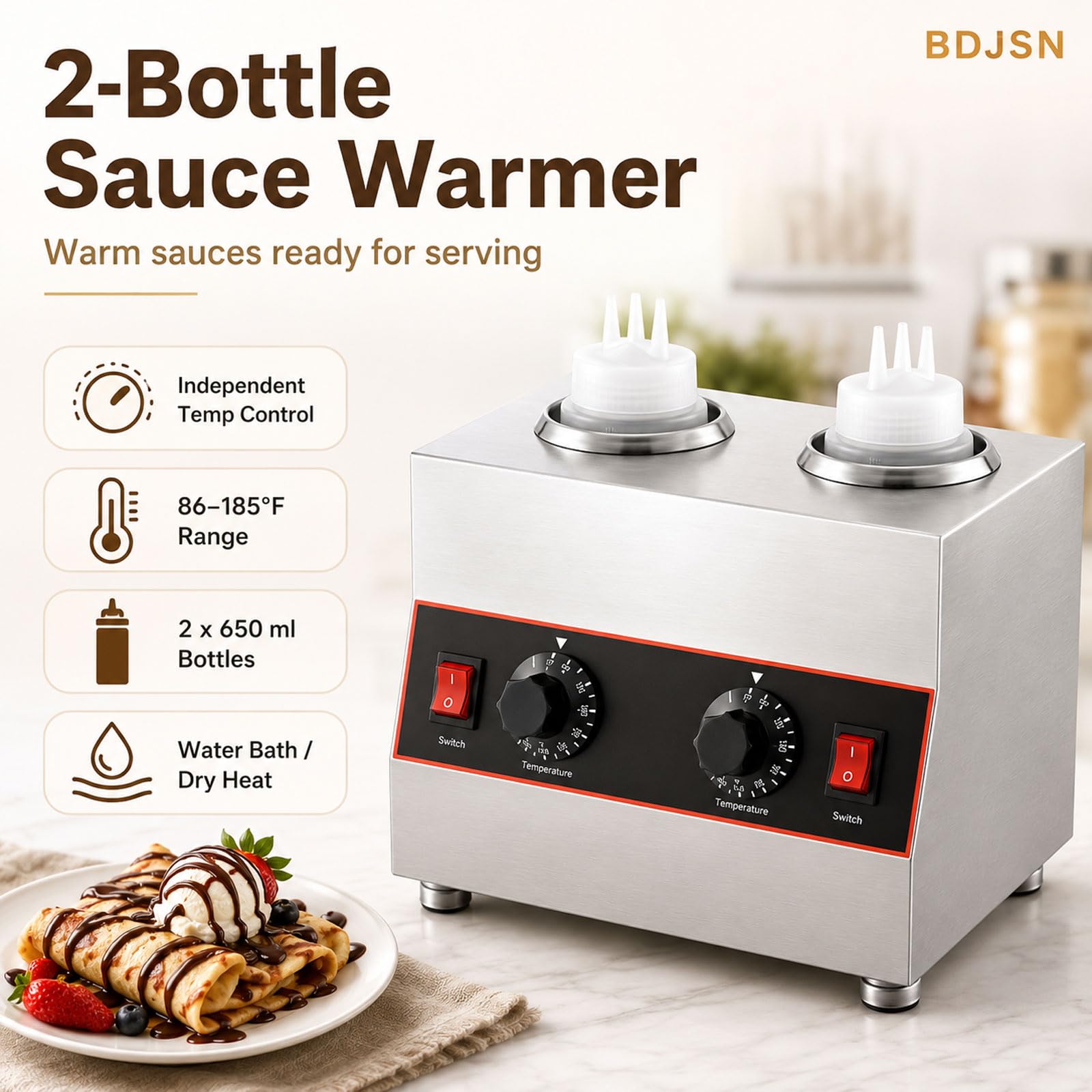 2-Flaschen Saucenwärmer, Gewerbliche Heizmaschine Mit Separater Temperaturregelung, 86-185°f Einstellbar, Edelstahl Spender Für Schokolade, Käsesauce, Karamell