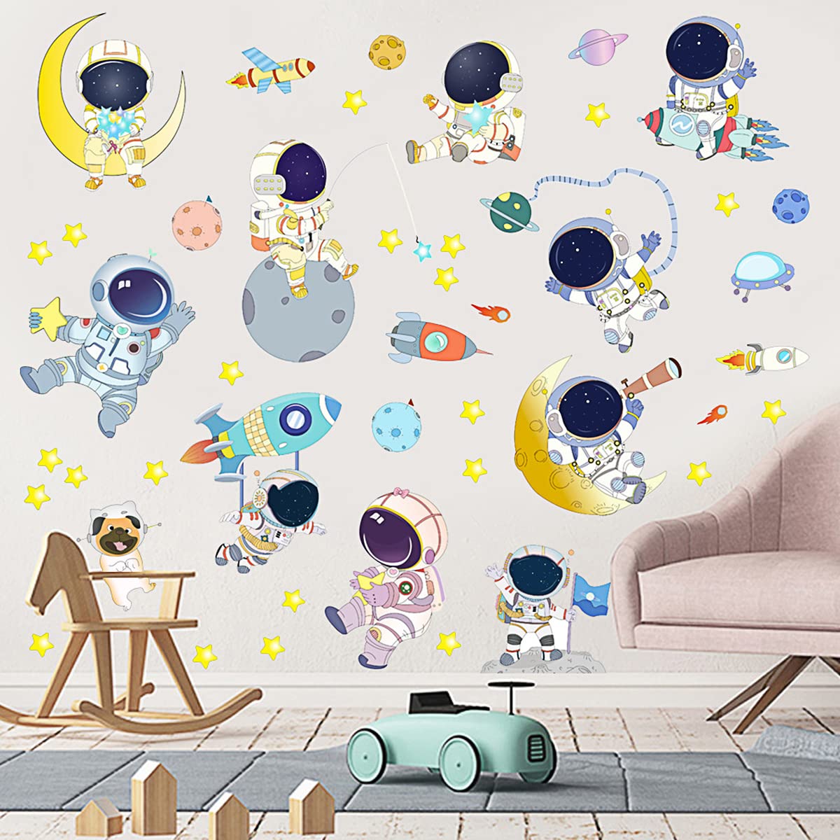 Space Astronaut Spacecraft Wall Decal, Galaxy Solar System Planet Peel Stick Sticker Watercolor Rocket Cosmonaut Spaceship Star for Nursery Decor, Home Play Room Decoration Kid Boy Bedroom Art Gift