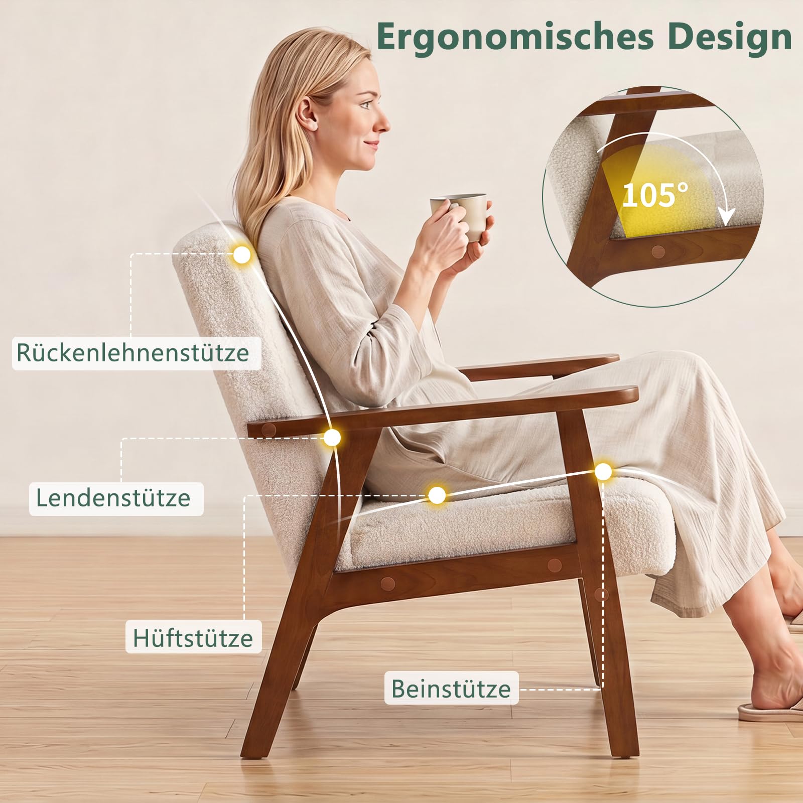 Sessel mit Armlehnen, Loungesessel aus Samt mit Dickem Kissen, Cocktailsessel mit Massiven Holzbeinen, Polstersessel für Wohnzimmer, Schlafzimmer, Aufenthaltsraum, Büro, Elfenbeinweiß