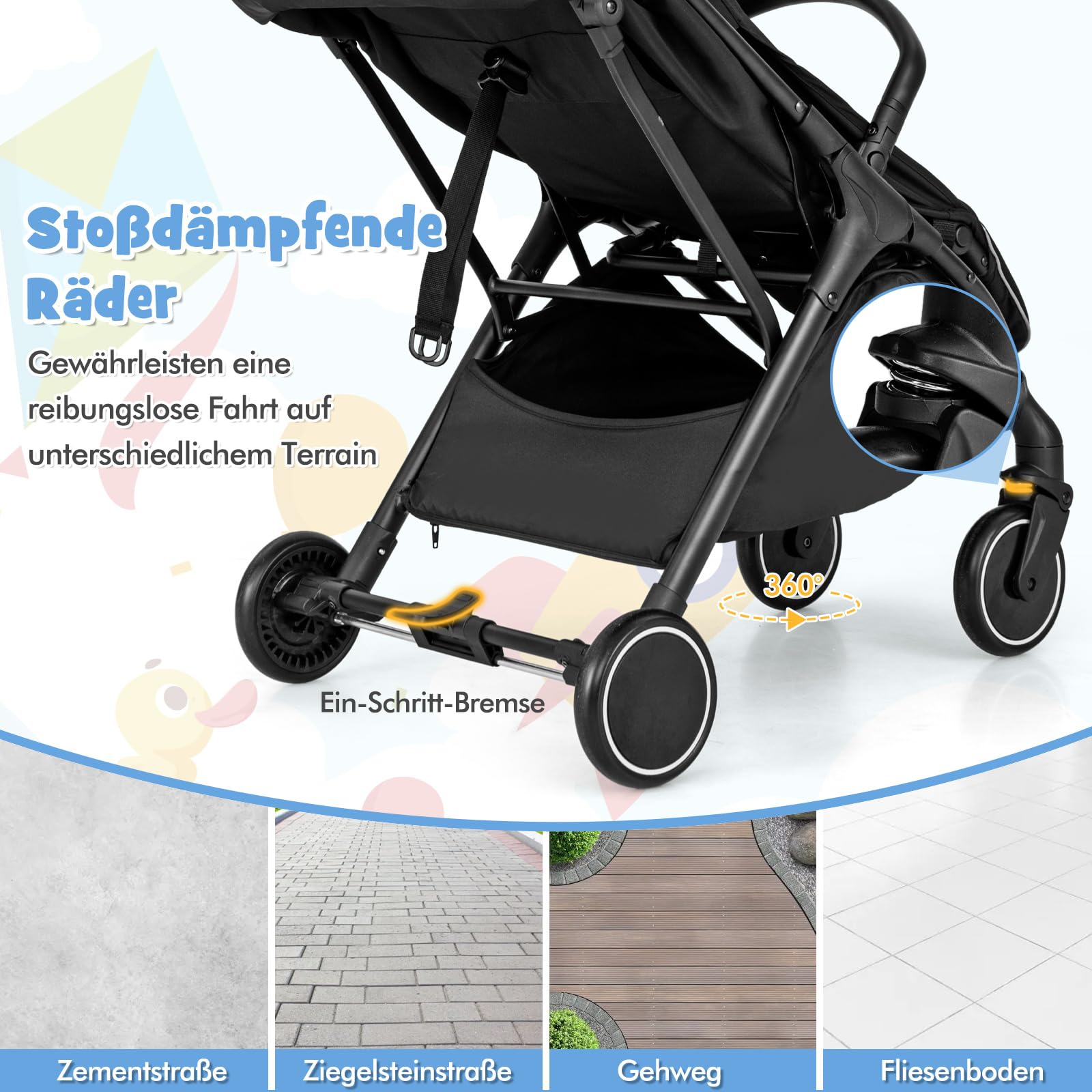 COSTWAY Kinderwagen klappbar, Reisebuggy mit Liegefunktion, Kinderbuggy tragbar mit verstellbarer Rückenlehne, Verdeck & Fußstütze, Babywagen mit Sicherheitsgurt bis 15 kg Belastbar (Schwarz)