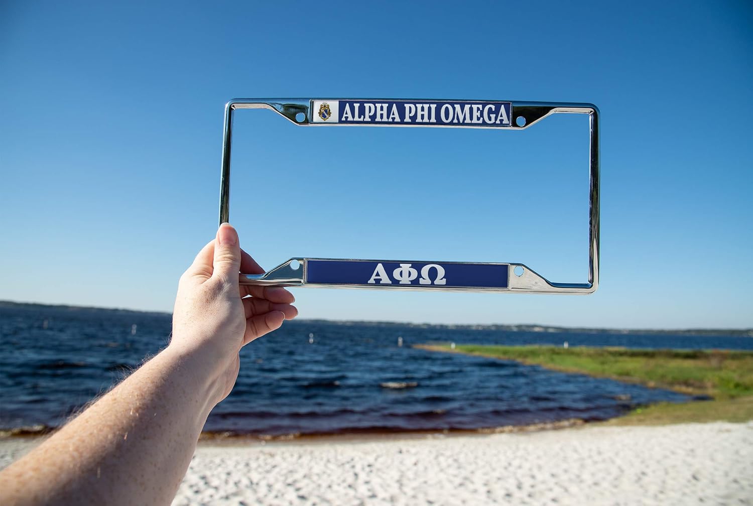 Desert Cactus Alpha Phi Omega Car Accessories APO A-Phi-O Fraternity Metal License Plate Frame and Tag Holder for Front or Rear of Car (Crest LP Frame)