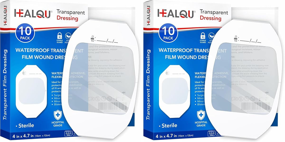 Transparent Film Dressing 4" x 4.75" (20 Pack) - Waterproof Adhesive Wound Bandages for Post-Surgical Shower, IV Shield, Tattoo Aftercare, Clear Breathable Dressing Patches by HEALQU