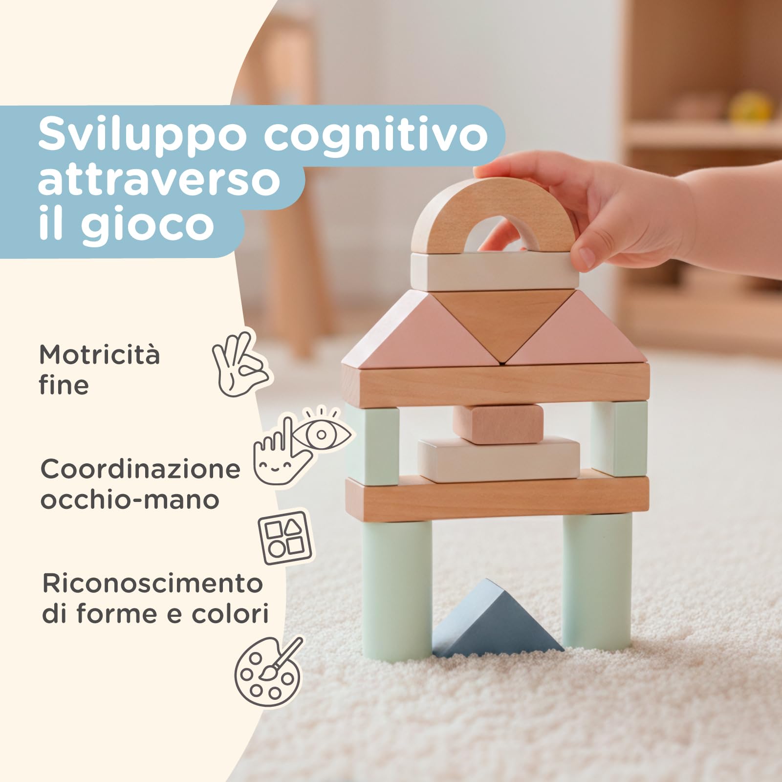 Nene Toys Blocchi di Costruzione in Legno 100 Pezzi – Blocchi Pastello in Legno FSC per Bambini da 1 Anno – Gioco Montessori di Impilamento & Ordinamento – Idea Regalo 1 2 3 Anni Bimbo Bambina
