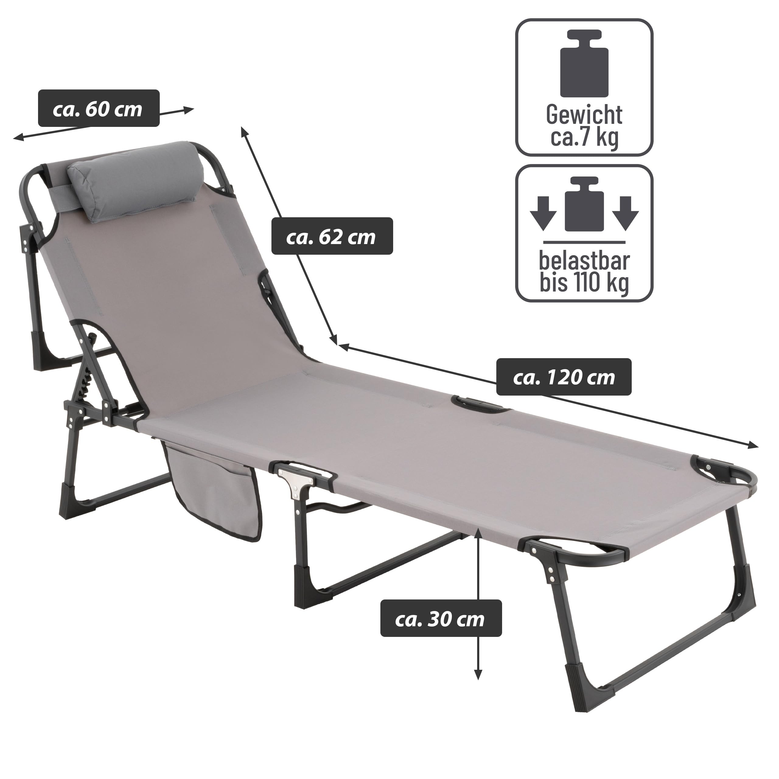 NEXOS 5-Fach verstellbare Sonnenliege mit Kopfkissen - Farbe: Grau 182x60x30cm Polyester