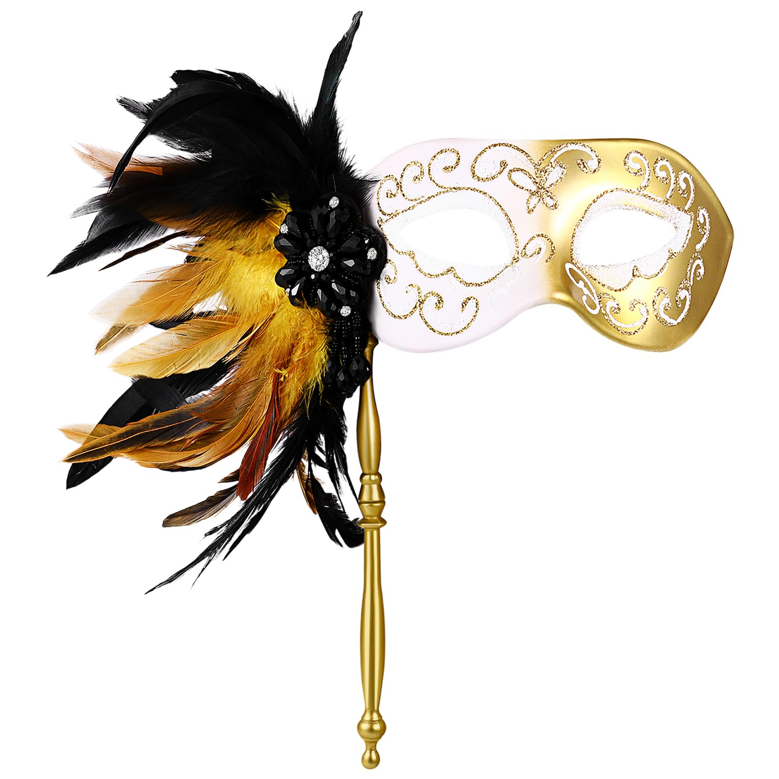 Flonge Masquerade Mask with Stick: Feather Masquerade Masks Mardi Gras Party Prom Mask Venetian Halloween Costume Accessories for Women Gold