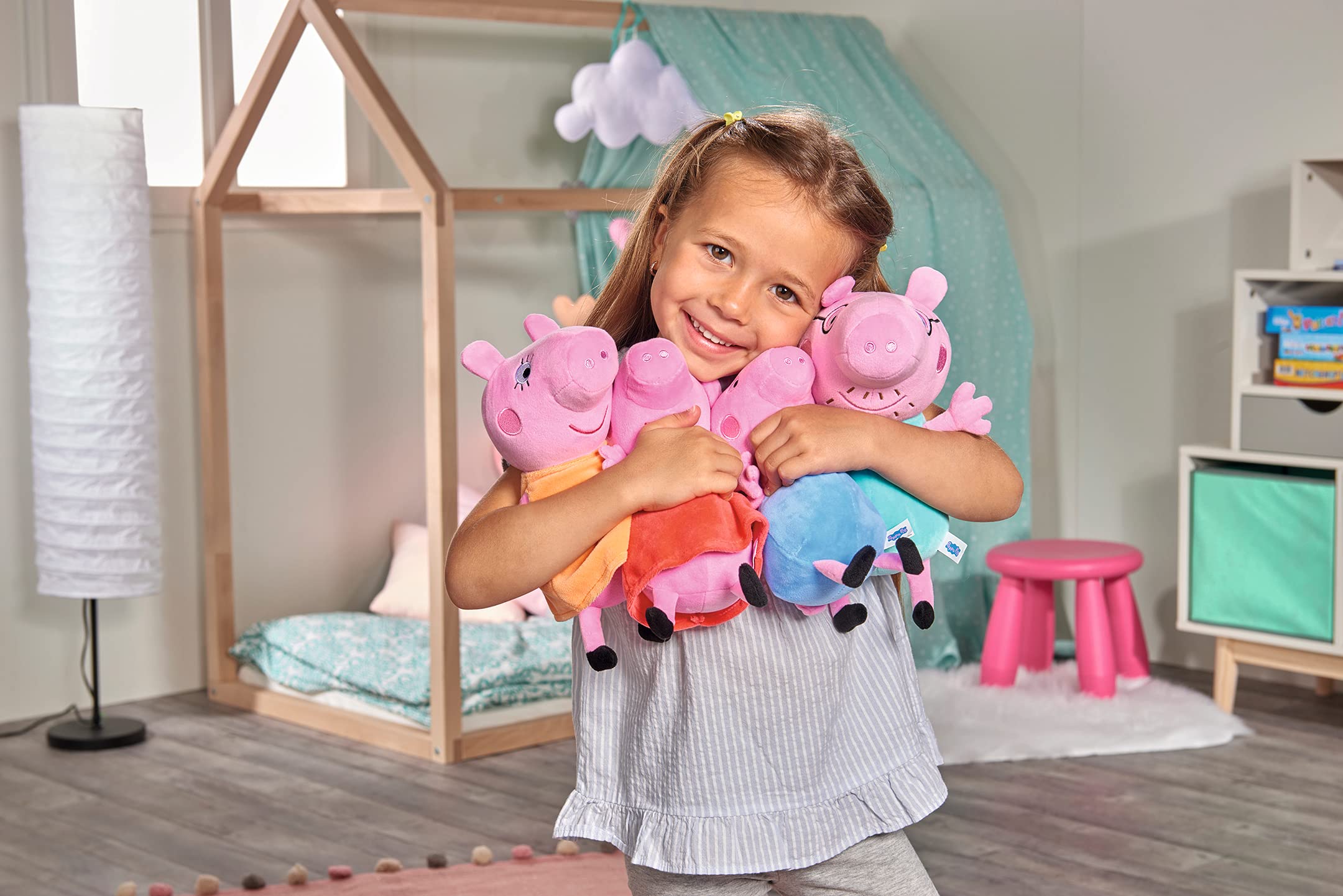 Simba 109261006 Peppa Pig Peluches, Familia Pig en Caja Coche, Rosa/Multicolor