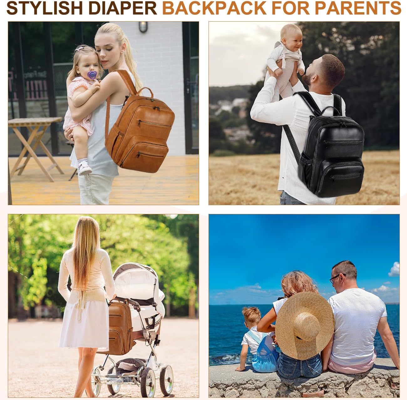 VASCHY Diaper Bag Backpack for Mum Dad, Unisex Large Waterproof Vegan Leather Baby Bag with Changing Pad,Insulated Pockets,Padded Laptop Sleeve for Travel,Brown - Image 7