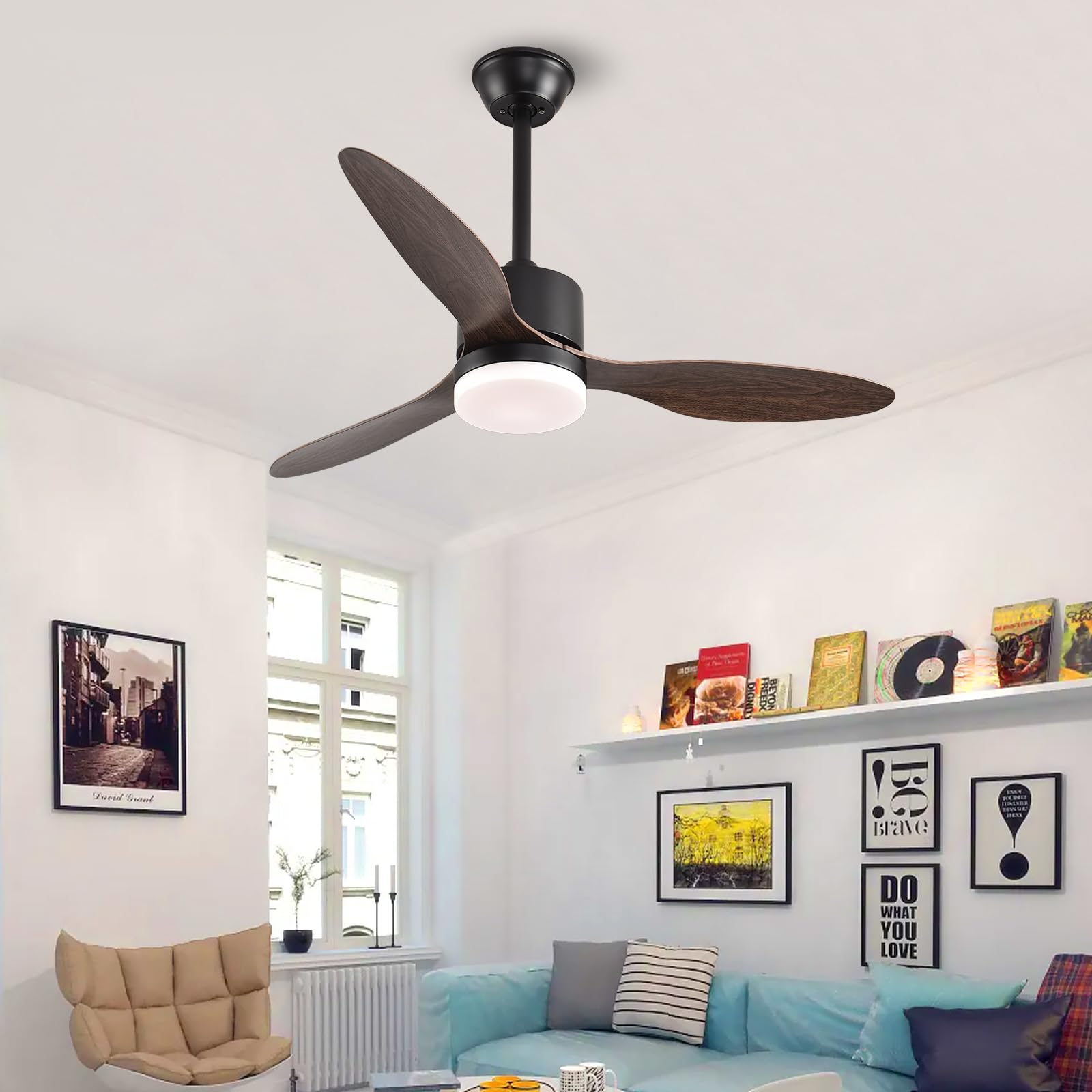 AHAWILL 42''Ceiling Fans with Lights and Remote,High cfm Retractable ceiling fan with LED Light,6 Speed,3 Blades Ceiling Fans for Bedroom,Outdoor,Living room,Patio,Indoor.(Woodgrain Color)