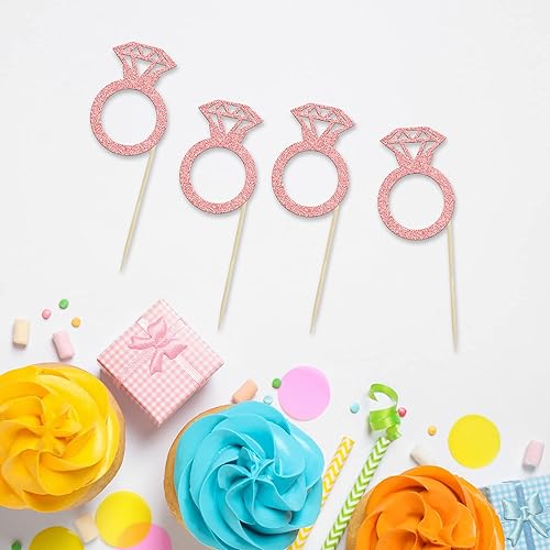 Miniatura 10 de 24 piezas de anillos de diamantes con purpurina dorada para decoración de cupcakes, decoración de pasteles de boda para despedidas de soltera,