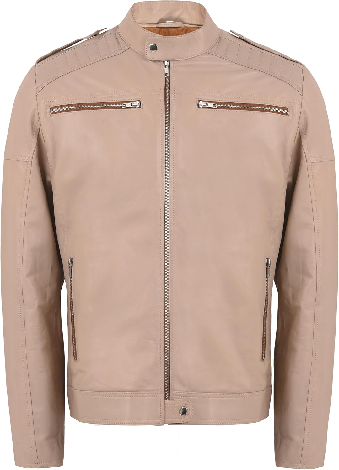 Men's Vintage Style Slim Fit Center Zip-Up Motorcycle Biker Leather Jacket in Beige Color, Premium Quality - Image 3