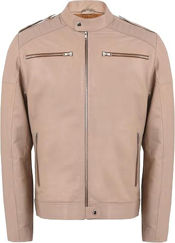 Men's Genuine Leather Jacket - Vintage Racer Motorcycle Biker Mens Leather Jacket - Slim Fit Center Zip.