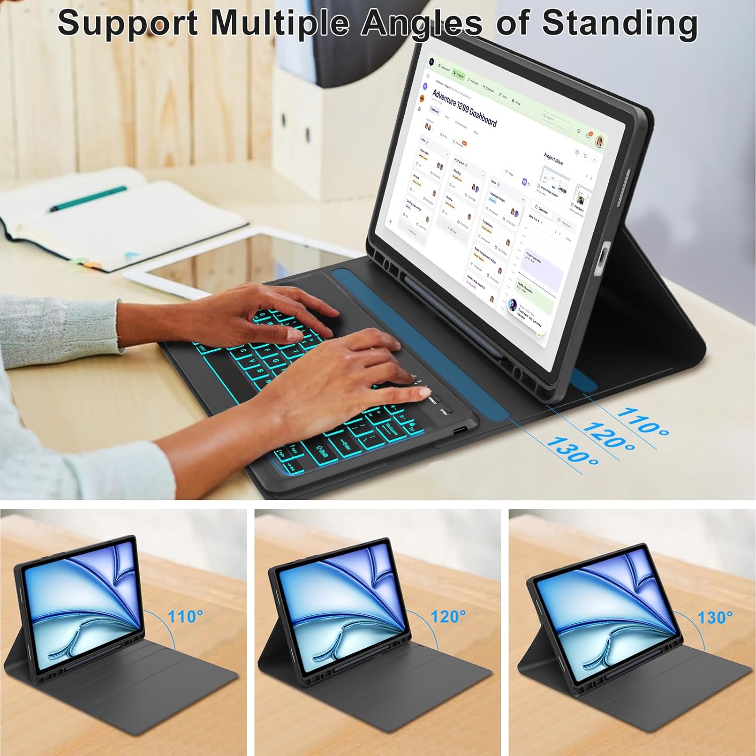 Keyboard Case for iPad Air 11-inch (M3 2025 / M2 2024), 7 Color Backlit Detachable Bluetooth Keyboard Cover with Pencil Holder, Multi-Angle Stand, Black