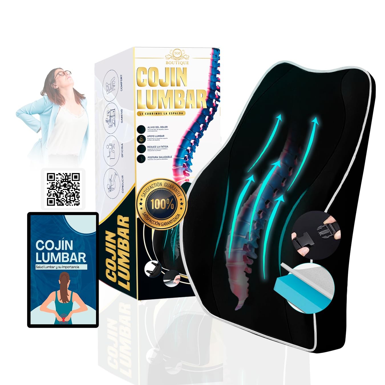 TOP BOUTIQUE® Cojin Lumbar Silla Oficina Premium con Soporte Ergonómico | cojin Lumbar para Oficina y Coche | Respaldo Silla Oficina | cojin Silla Oficina | Cojín Lumbar | Soporte Lumbar | Negro