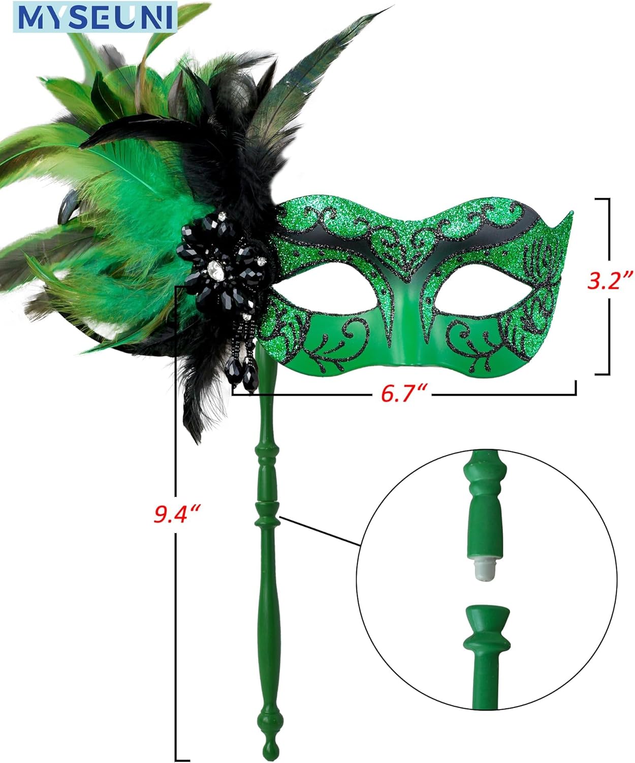 2025 New Masquerade Mask for Women with Stick - Shiny Women's Feather Mardi Gras Venetian Mask for Costume Accessory - Image 2