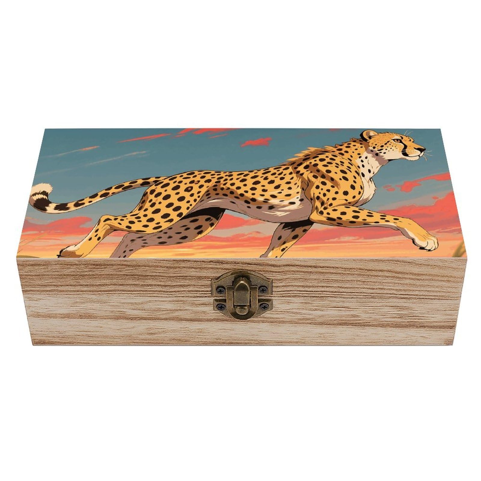 Wooden Storage Box, African Cheetah Decorative Trunk for Keepsakes, Rustic Farmhouse Decorative Boxes with Hinged Lid, Small Jewelry Treasure Chest for Crafts DIY Storage