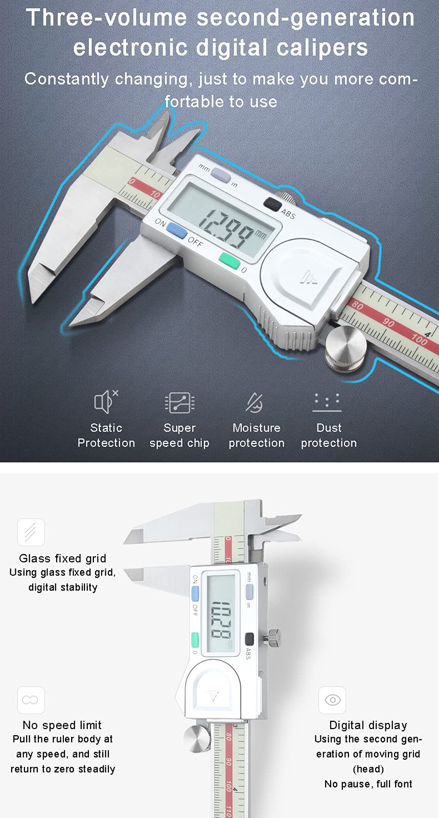 Impermeabile Calibro a Corsoio ad Alta Precisione con Schermo LCD in Metallo in Acciaio Inossidabile Righello di Misurazione di Precisione per Progettisti, Ingegneri e Meccanici(Size:0-300mm)