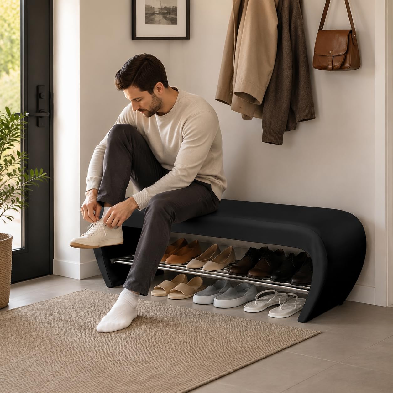 Storage Ottoman Bench with Cushion, Modern Simple Shoe Changing Stool