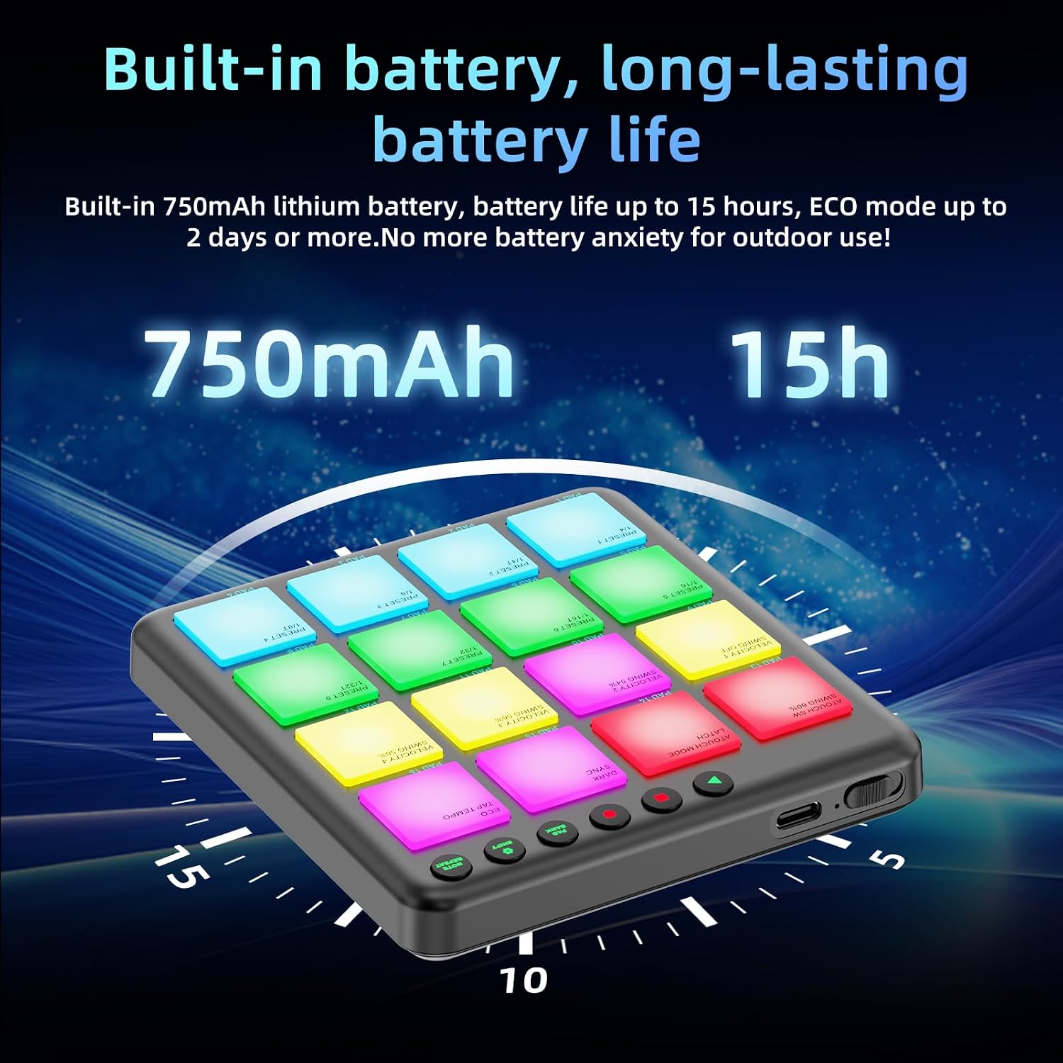 MIDI Pad Controller with Wireless Connection, 16 RGB Beat Pads for Music Production, Portable Beat Maker for Beginners, Finger Drumming, Sampling, Looping on Laptop, Tablet, Phone (Black) image 4