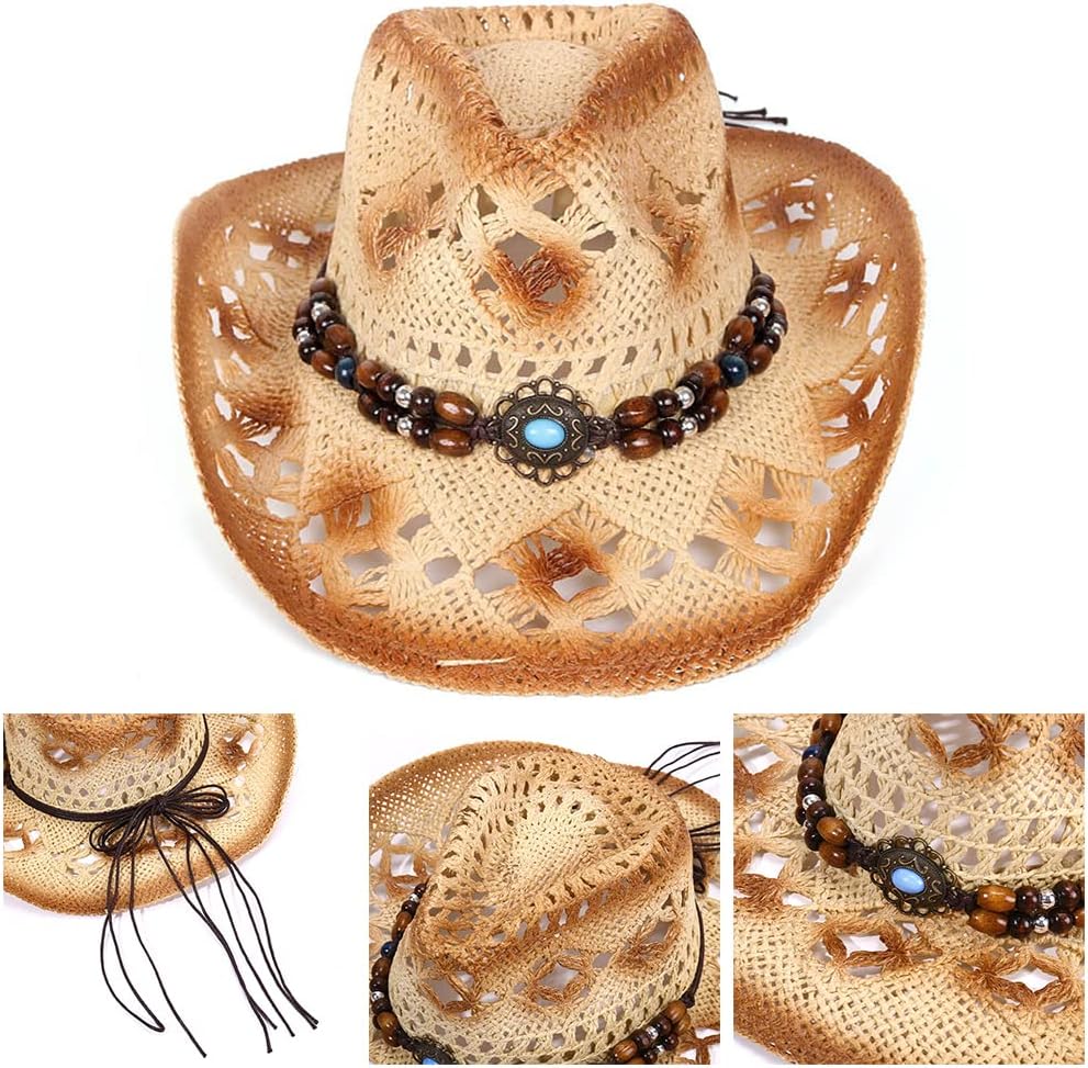 Woven Straw Cowboy Cowgirl Hat, Beach Hat Western Cowboy Hat for Clothing Costume Beige