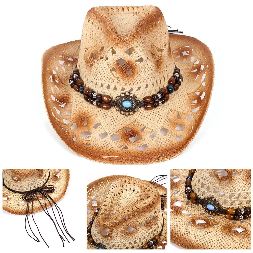 Cappello da Cowgirl da Cowboy in Paglia per Uomo Donna, Cappello da Sole Traspirante a Tesa Larga per Viaggi in Spiaggia All'aperto (Beige)