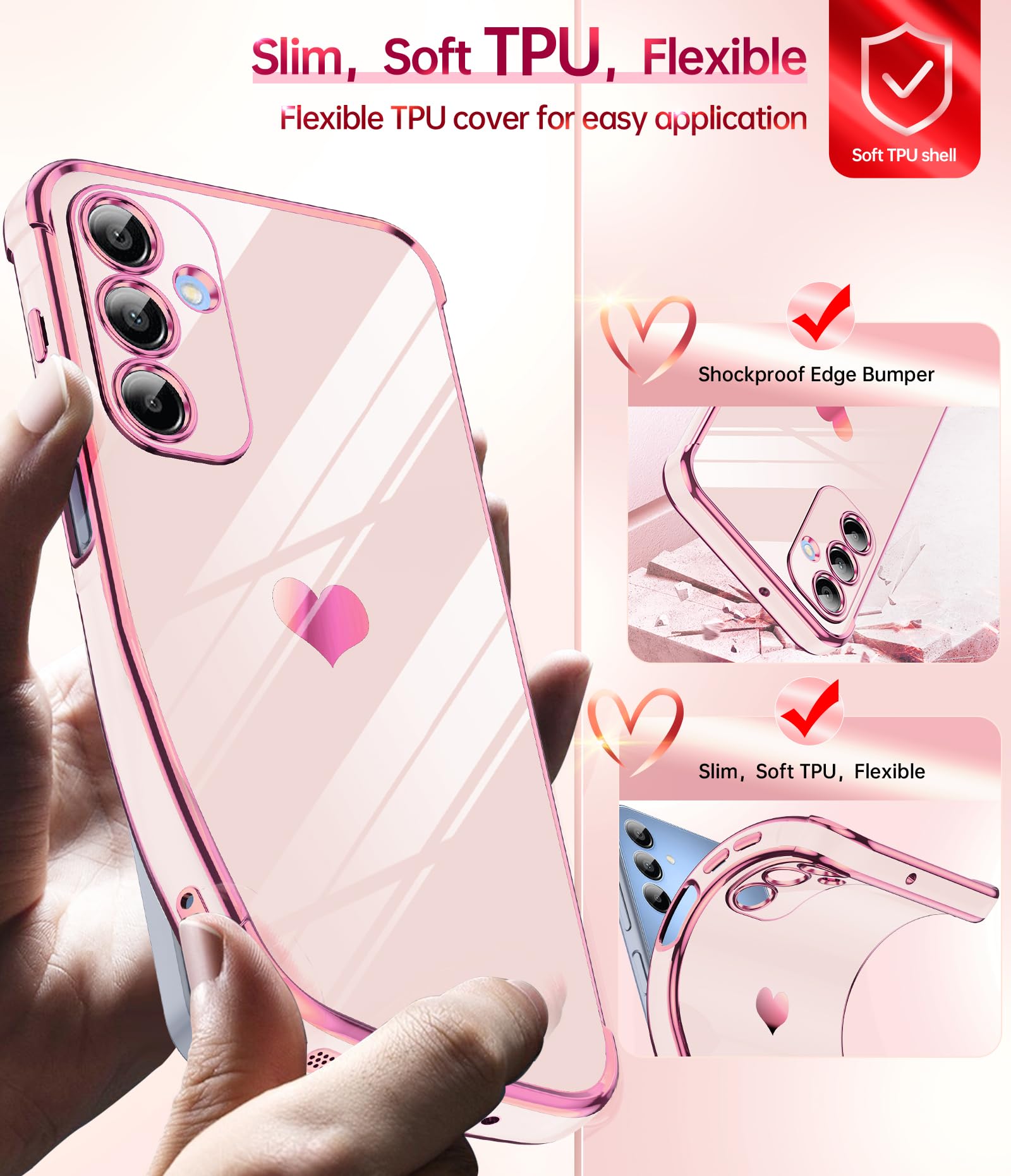 LeYi Cover per Samsung Galaxy A16 4G/5G Custodia con Pellicola Vetro Temperato [2 Pack], Amore Cuore Paraurti Morbido Silicone TPU Sottile Case con Protezione Fotocamera per Samsung A16 Donne, Rosa