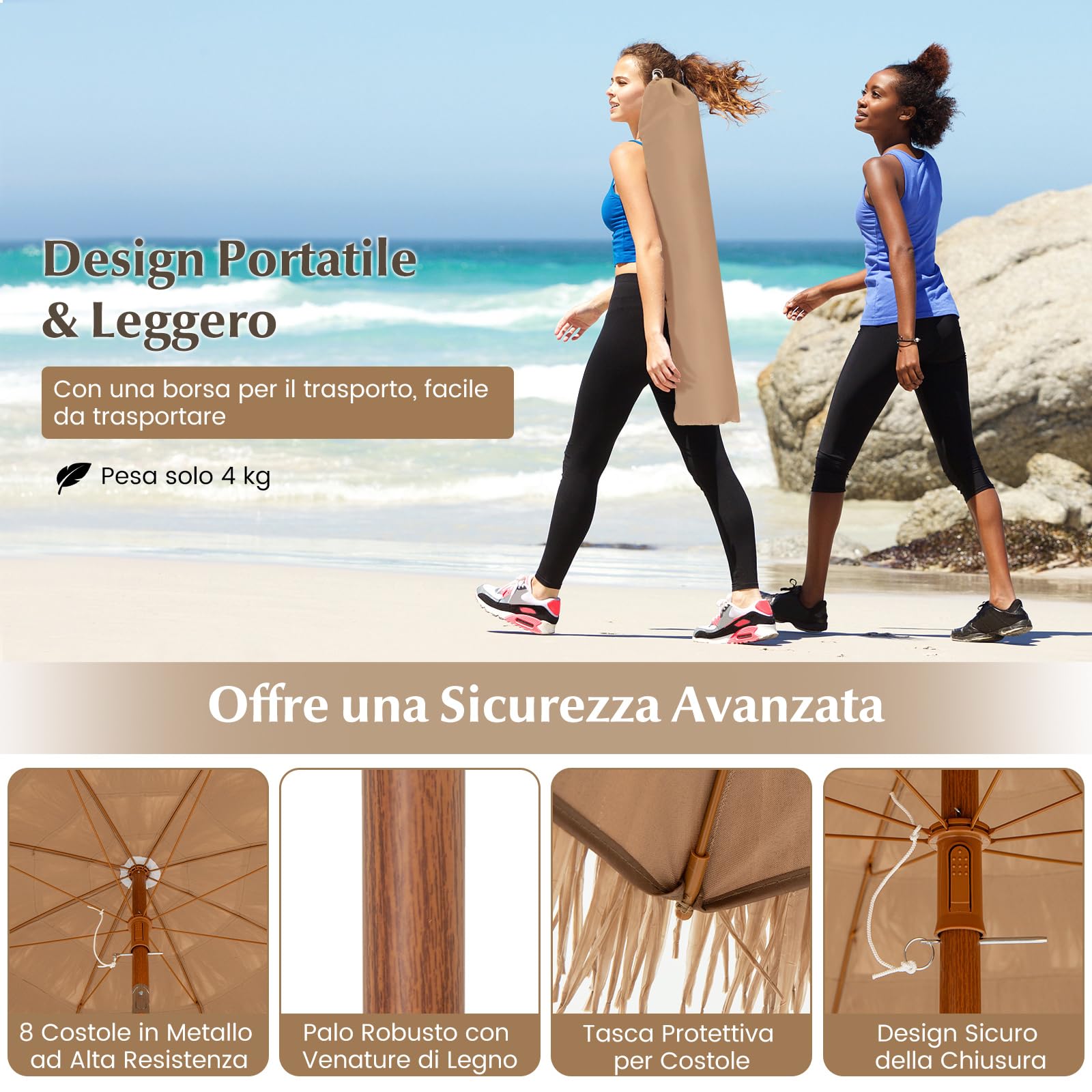 COSTWAY Ombrellone in Paglia PP da 200 cm, Ombrellone da Spiaggia Hawaiano con Inclinazione Regolabile, con Base Pieghevole, Borsa per il Trasporto, per Giardino Piscina