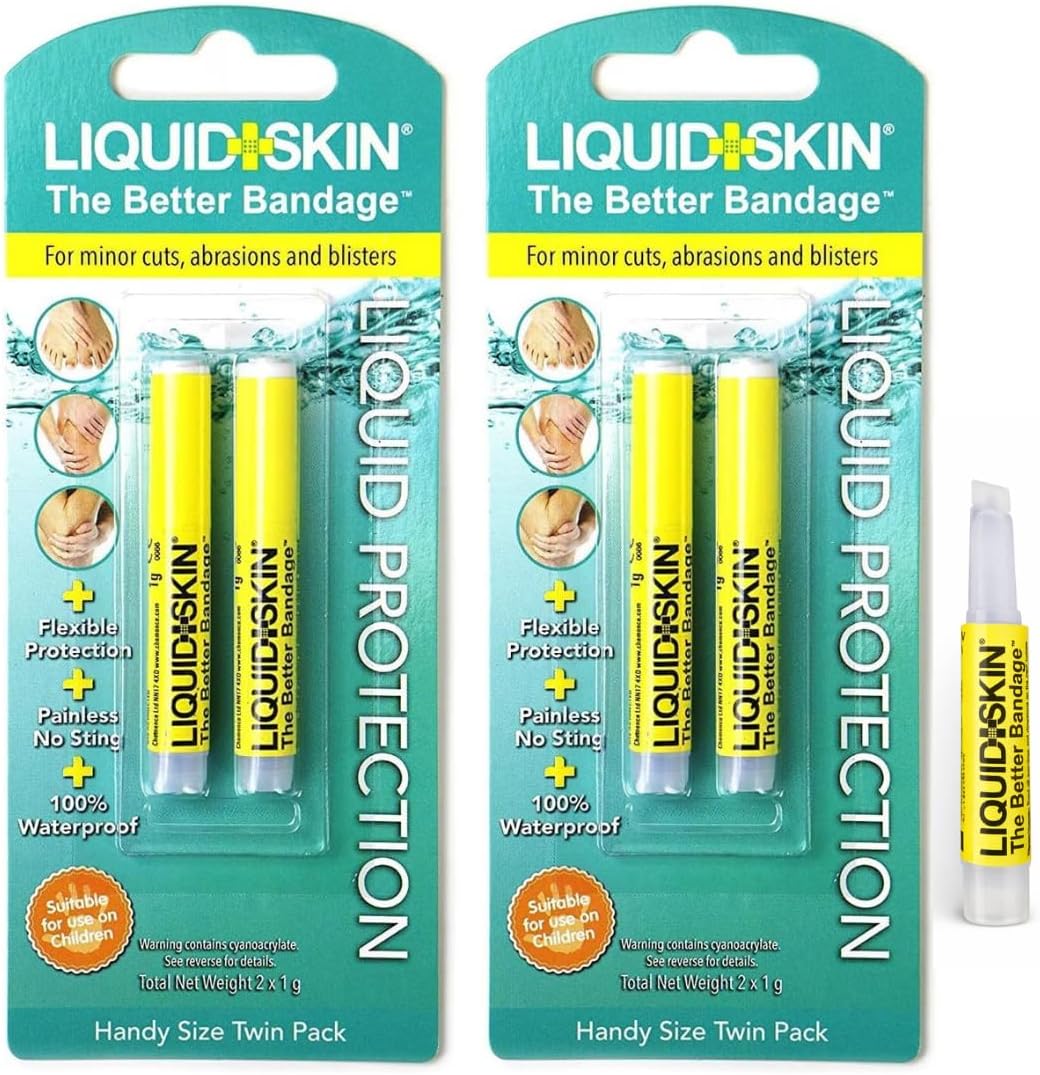 Liquid Skin Liquid Plaster – Waterproof Liquid Bandage for Cuts Wounds & Cracked Skin – Transparent FastDry Second Skin Protection – No-Sting Kid-Safe Formula – Also for Pets – 2 Packs (4×1g Pipettes)