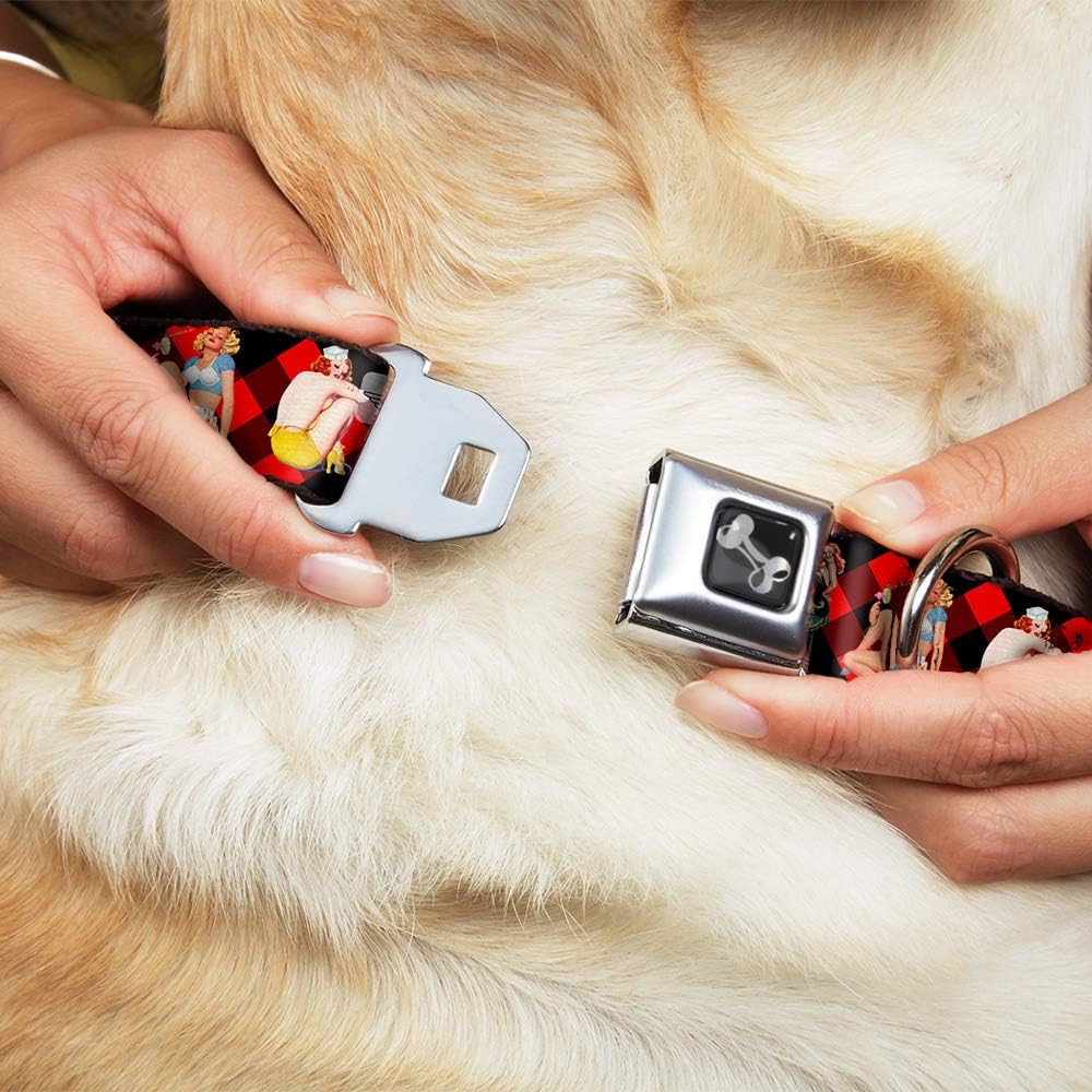 Dog Collar Seatbelt Buckle Pin Up Girl Poses Buffalo Plaid Blocks Black Red 16 to 23 Inches 1.5 Inch Wide