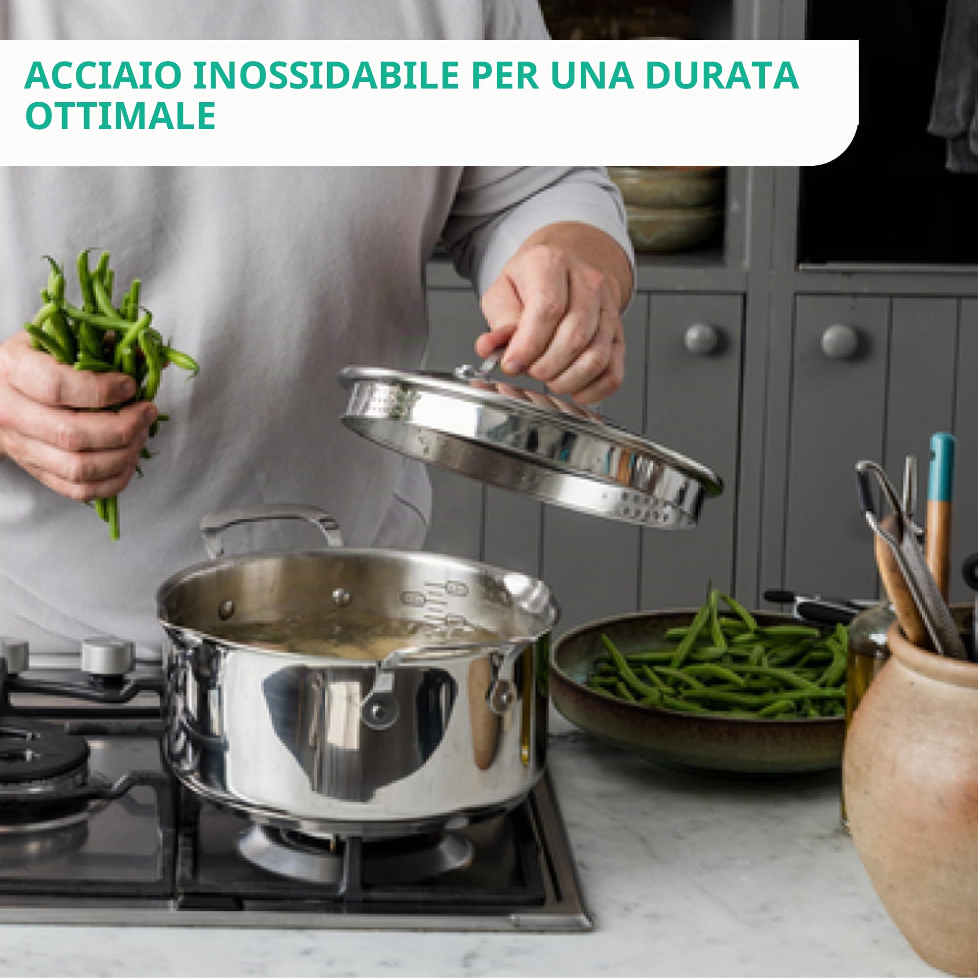 Tefal Jamie Oliver by Cook's Direct On E3041934 - Padella per wok, rivestimento antiaderente, segnale termico, manico rivettato, adatta a induzione, in acciaio inox