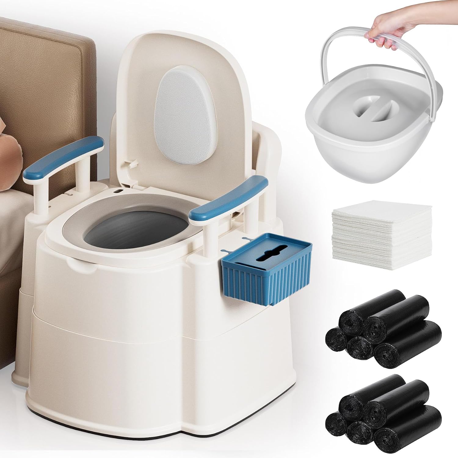 Bedside Commodes for Seniors - Includes 200 Liners, 50 Large Commode Pads, 40 Ordinary Commode Pads & Commode Bucket Replacement