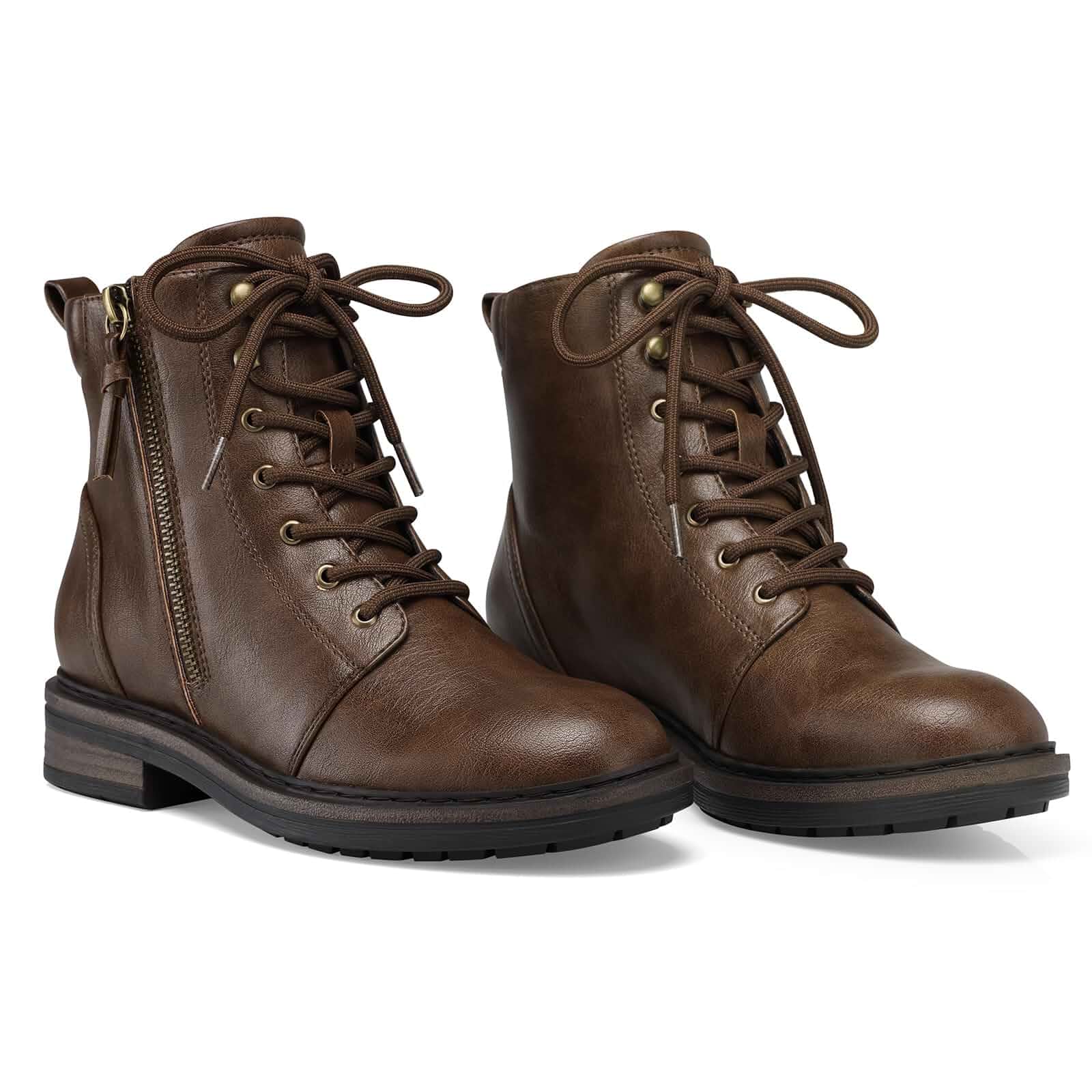 SHIBEVER Ankle Boots for Women Comfortable: Lace-up Flat Combat Boots Fall Low Heel Zip up Non Slip Round Toe Lug Sole Short Dress Booties for Casual Daily Wear Work Walking 2026 Fashion Size 6-11