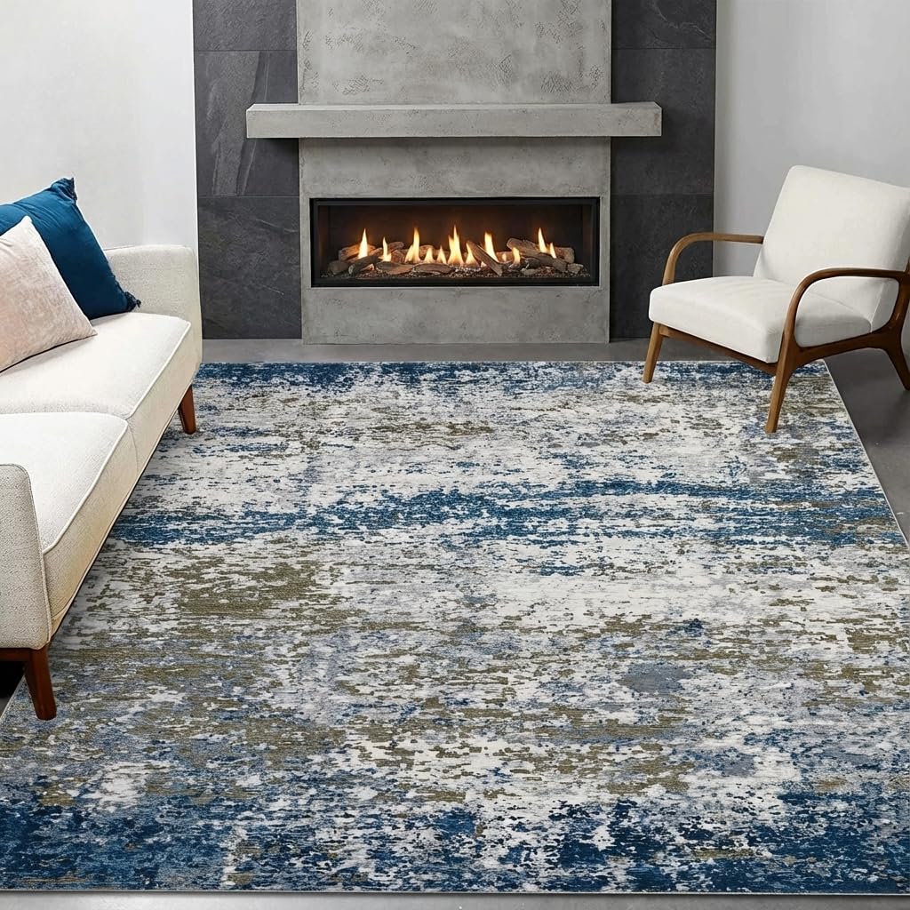 CAROMIO Moderner Abstract Teppich Wohnzimmer, Waschbarer Schlafzimmer Teppich 140x200 cm, rutschfest Kurzflor Teppiche Büro Esszimmer, Blau