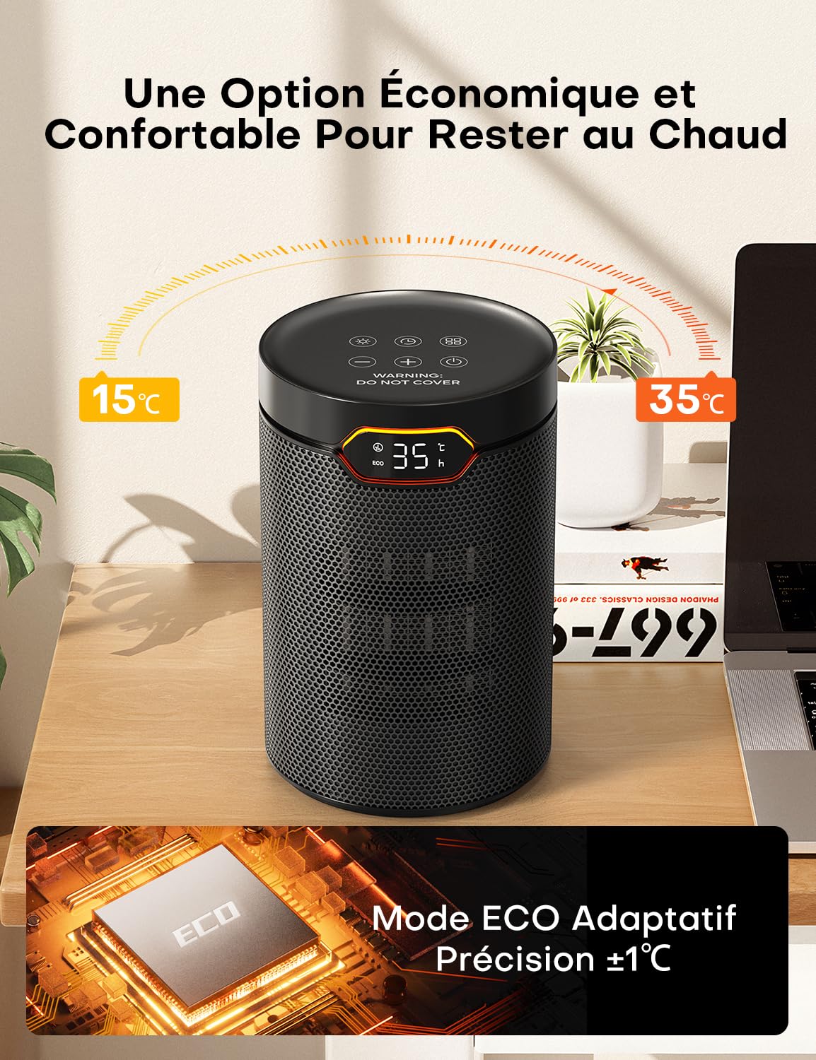 QEXREED Chauffage d'appoint, Mode Éco, 1500W PTC, 4 Modes Chauffants, Mode Brise, Thermostat, Minuterie 24H, Télécommande, Protection Anti-Surchauffe & Chute, Portable & Silencieux pour Maison, Bureau