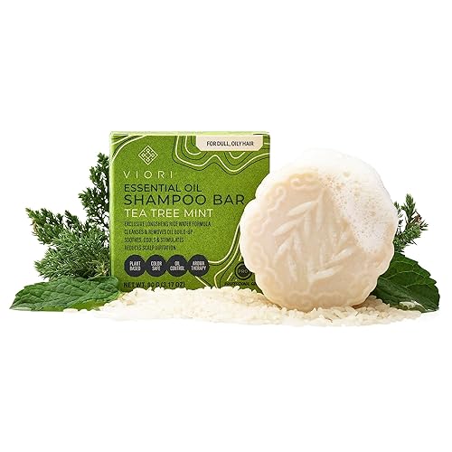 Viori Barra de champú de aceite esencial de menta de árbol de té hecha con agua de arroz, barras de champú totalmente naturales hechas a mano,
