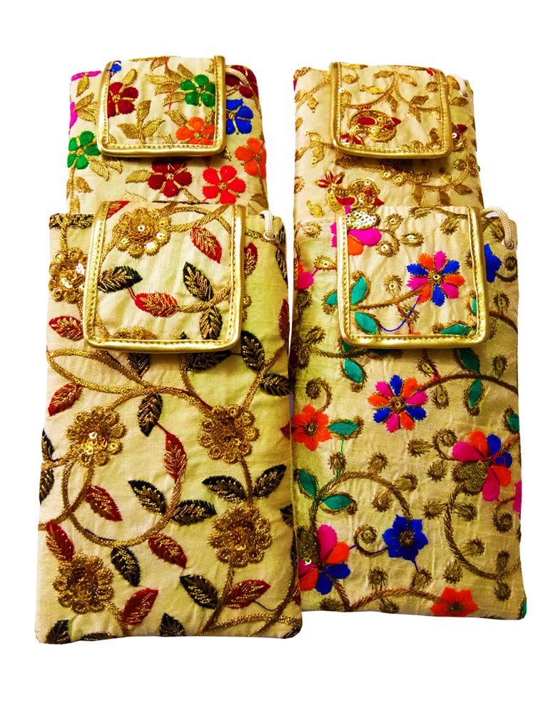 DMS RETAILDMS RETAIL Combo of 4 Ethnic Embroidered Mobile Pouch for Women with Waist Clip and Belt Multicolored Floral Traditional Mobile Pouch