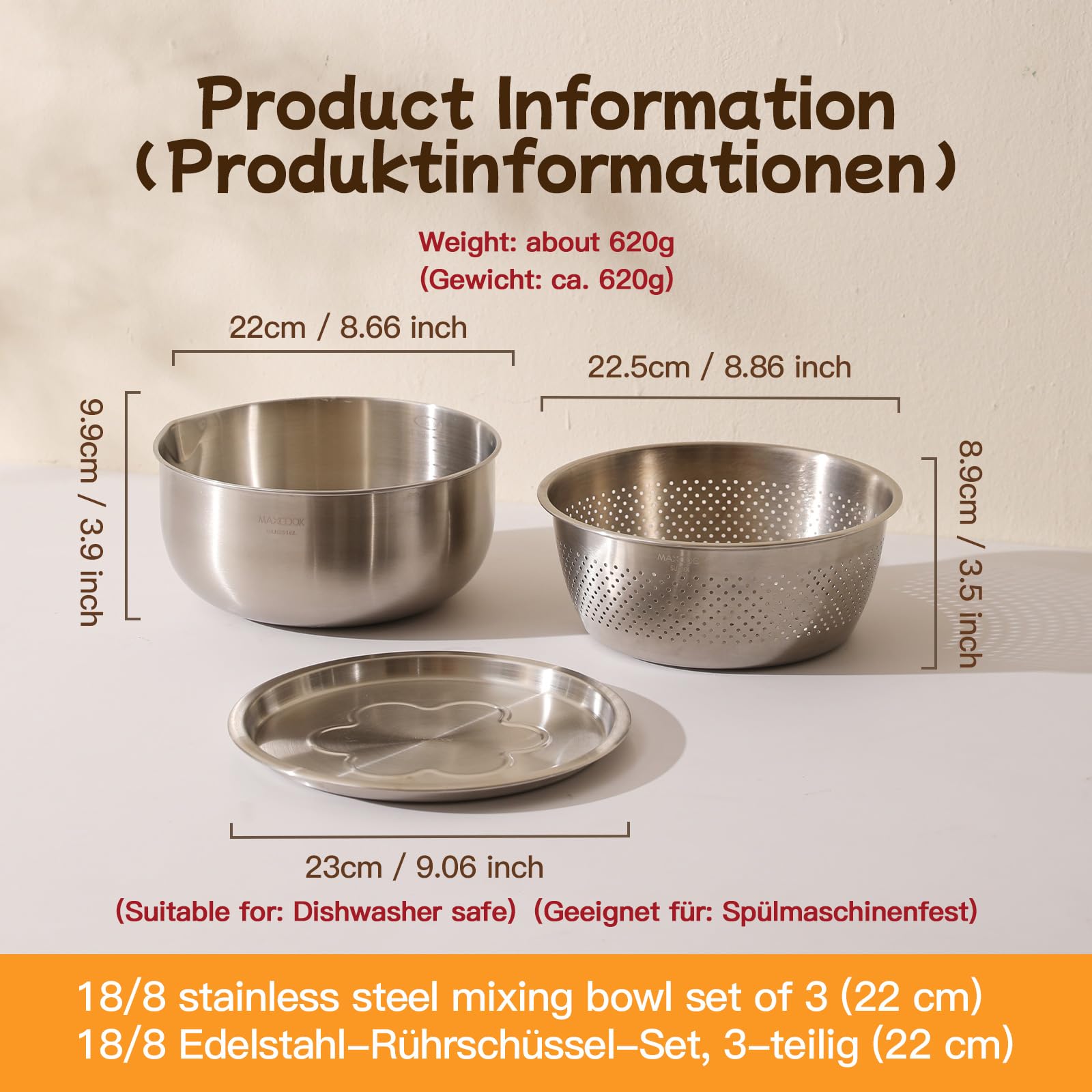 Juego de 3 cuencos de acero inoxidable, cuenco colador de acero inoxidable 18/8 para enjuagar arroz, ensaladas y masa, ideal para preparar alimentos, apto para el lavavajillas