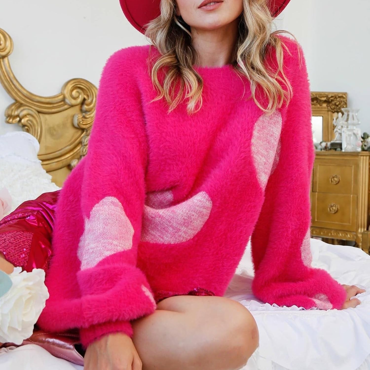 ICNGLKSND Women Long Sleeve Loose Fit Sweater Crewneck Y2K Heart Fuzzy Cropped Shirt Dressy Knitwear Cozy Outwear Pullover - Image 2