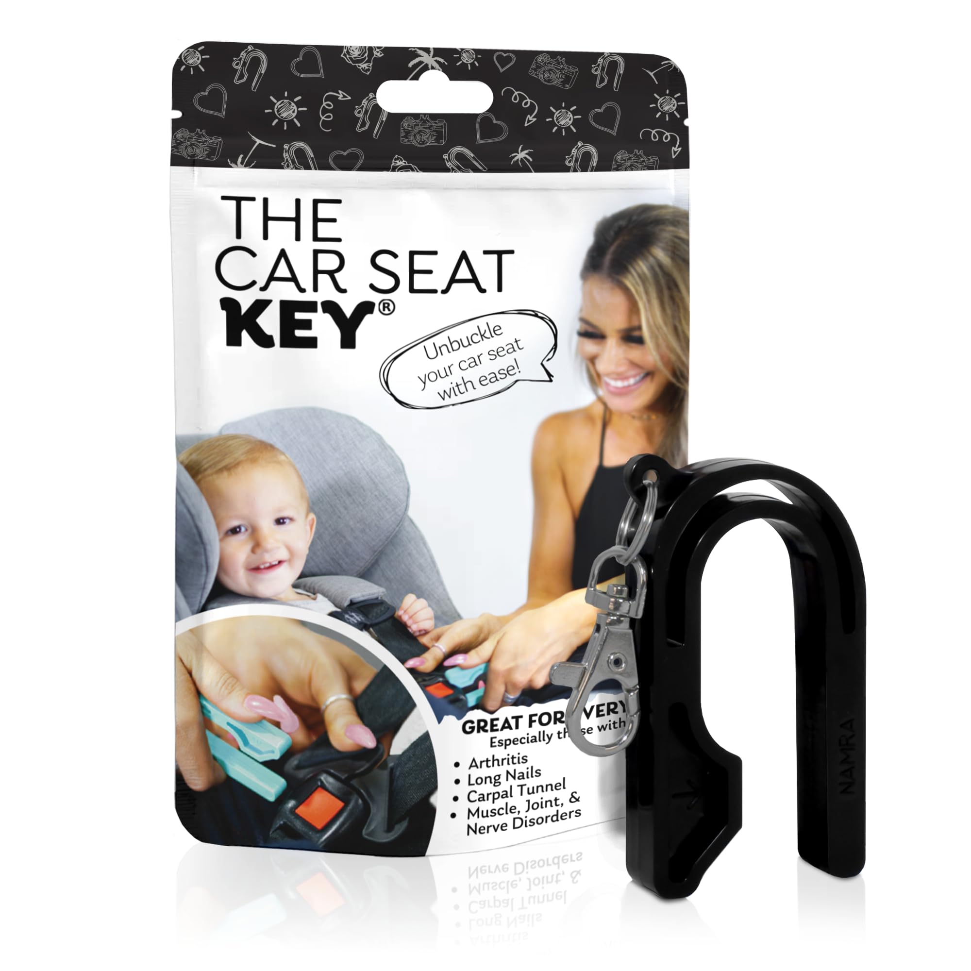 Llave para asiento de coche original, llavero para asiento de coche, herramienta para soltar la hebilla, fácil de abrir, ayuda para clavos, padres, abuelos, niños mayores, de NAMRA, fabricado en EE. UU., color negro.