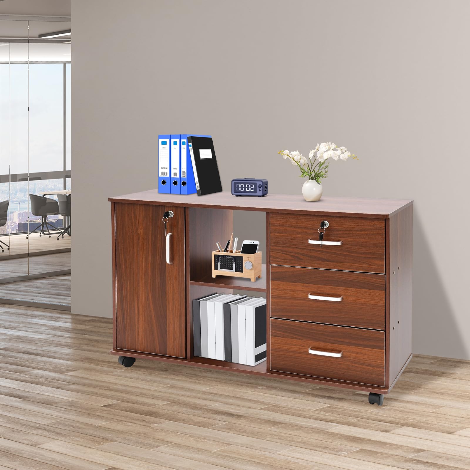 Armadietto da ufficio con ruote, contenitore arrotolabile con 3 cassetti, 1 armadio e 2 scomparti aperti, armadio da ufficio per ufficio, studio, scuola